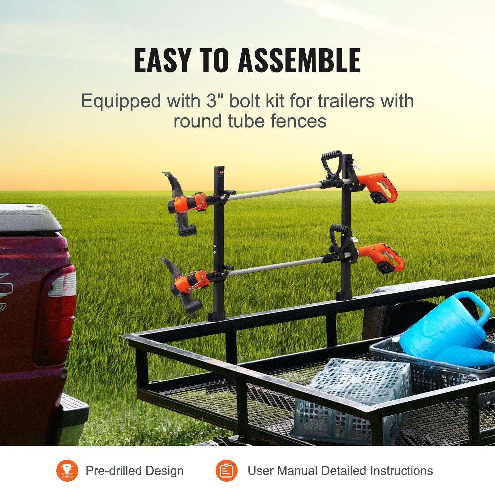 Coocosh Trailer Mount Tool Rack, designed for easy assembly, featuring durable metal brackets and orange grip handles, perfect for organizing tools on trailers, dimensions suitable for standard trailer setups, showcased in a lifestyle setting with a truck
