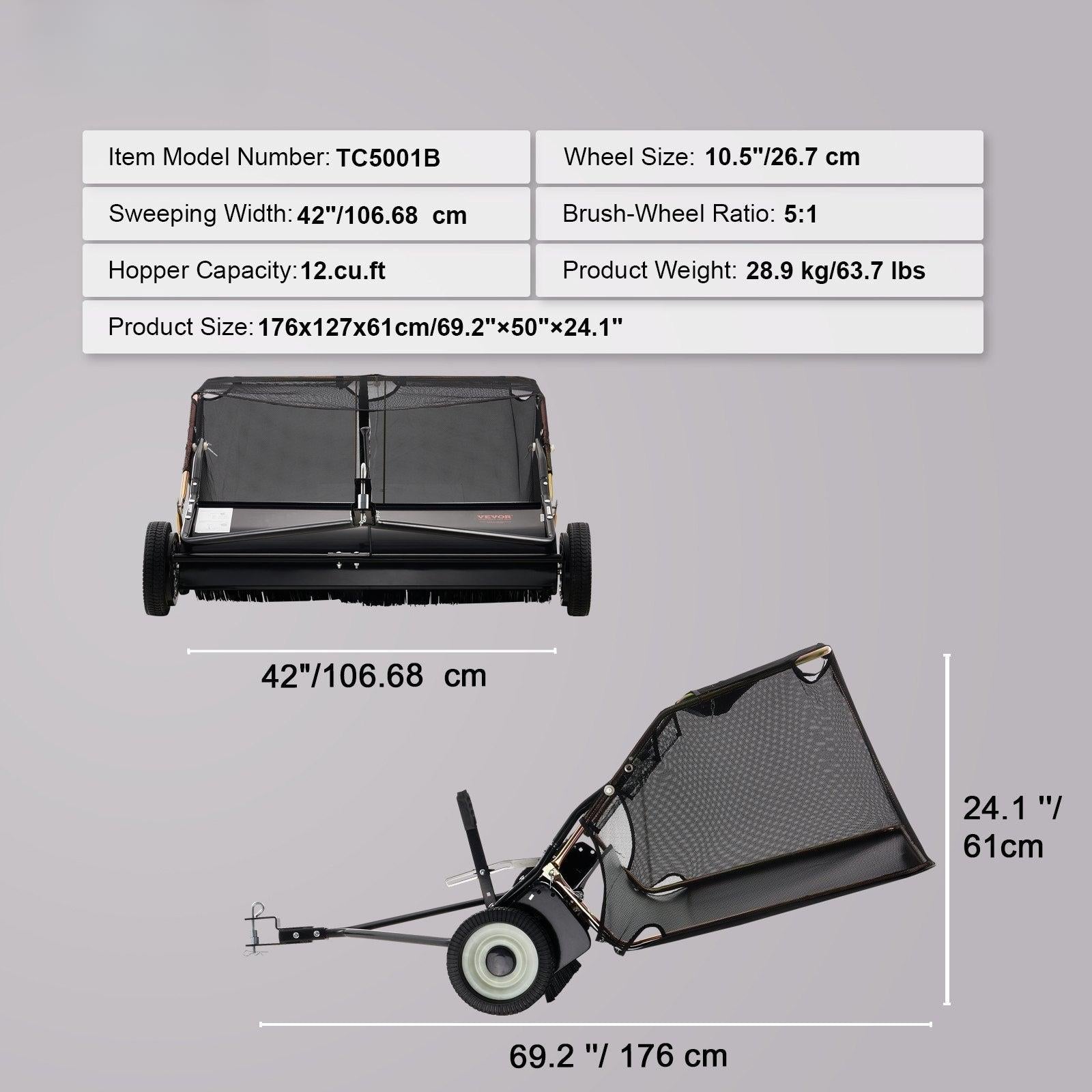 Coocosh Lawn Sweeper with PE Netting, 42" sweeping width, Black, 69.2" x 50" x 24.1", showcasing a close-up view of the hopper and wheels, designed for efficient lawn maintenance.