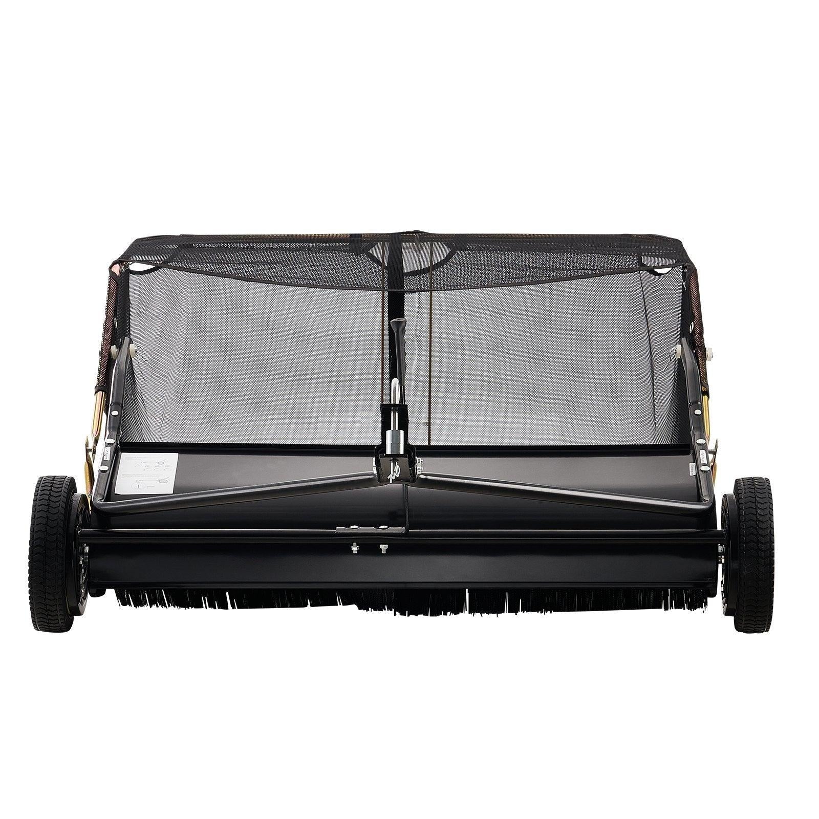 Coocosh Lawn Sweeper with PE Netting and Fiberglass frame, features dual spiked wheels for enhanced mobility, finished in sleek black. Designed for efficient debris collection with ample dimensions for optimal use.