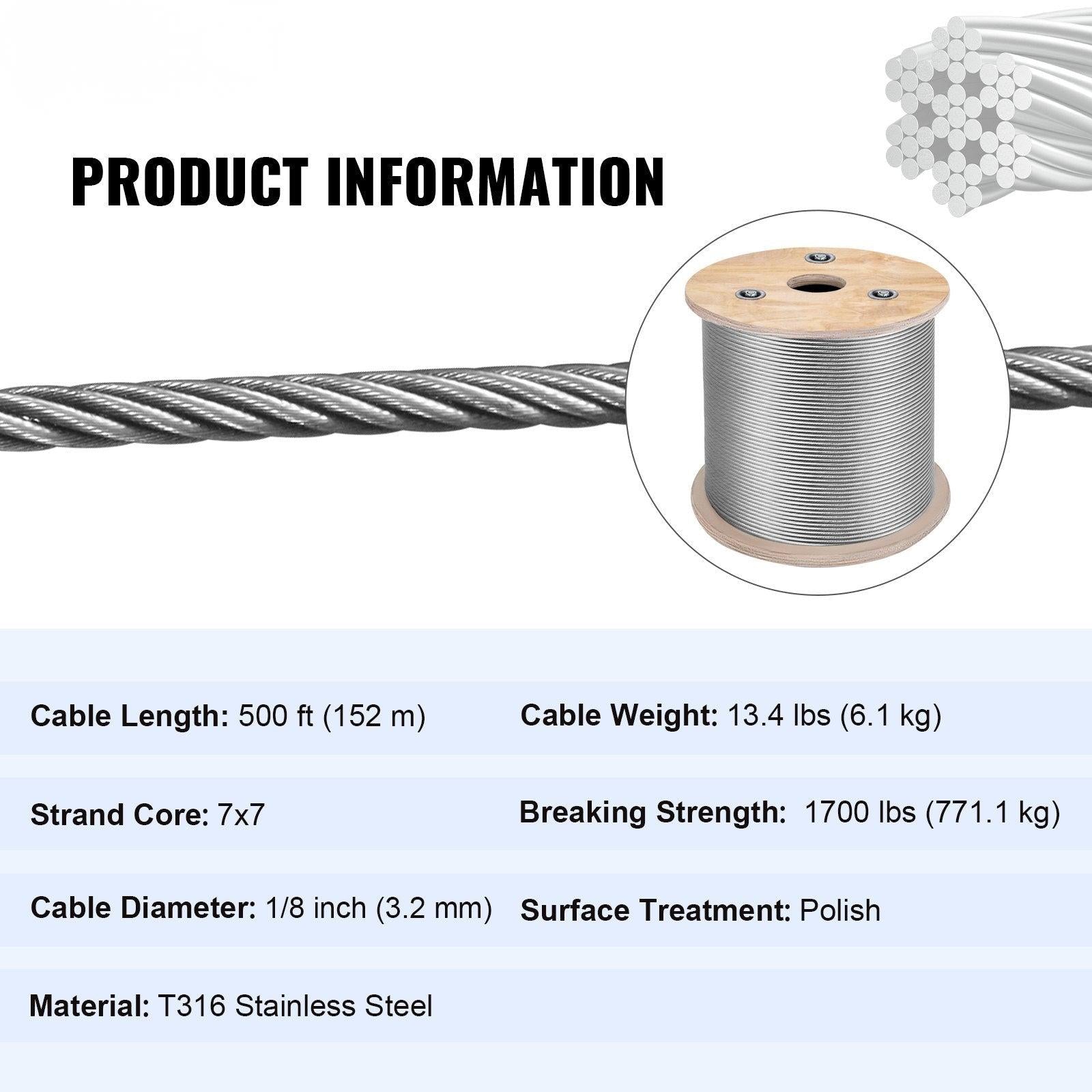 Coocosh Steel Cable Roll 500 ft, T316 Stainless Steel, 1/8 inch diameter, polished surface treatment, showcasing main view with spool for durability and strength up to 1700 lbs.