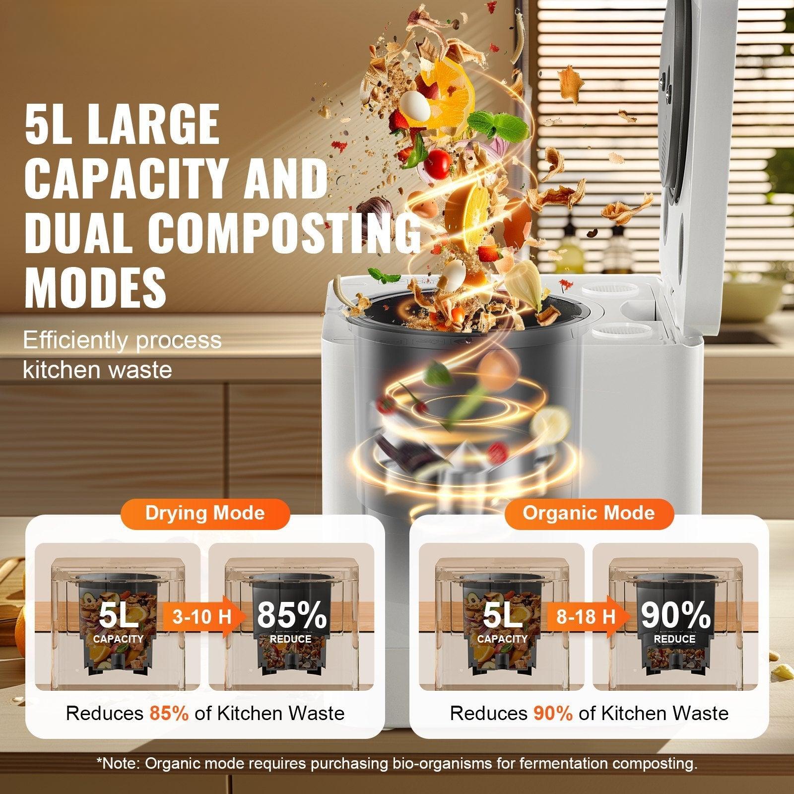 Coocosh Kitchen Composter with 5L capacity, featuring dual composter modes, in sleek white. Efficiently reduces kitchen waste by up to 90%, showcased in an engaging lifestyle perspective.