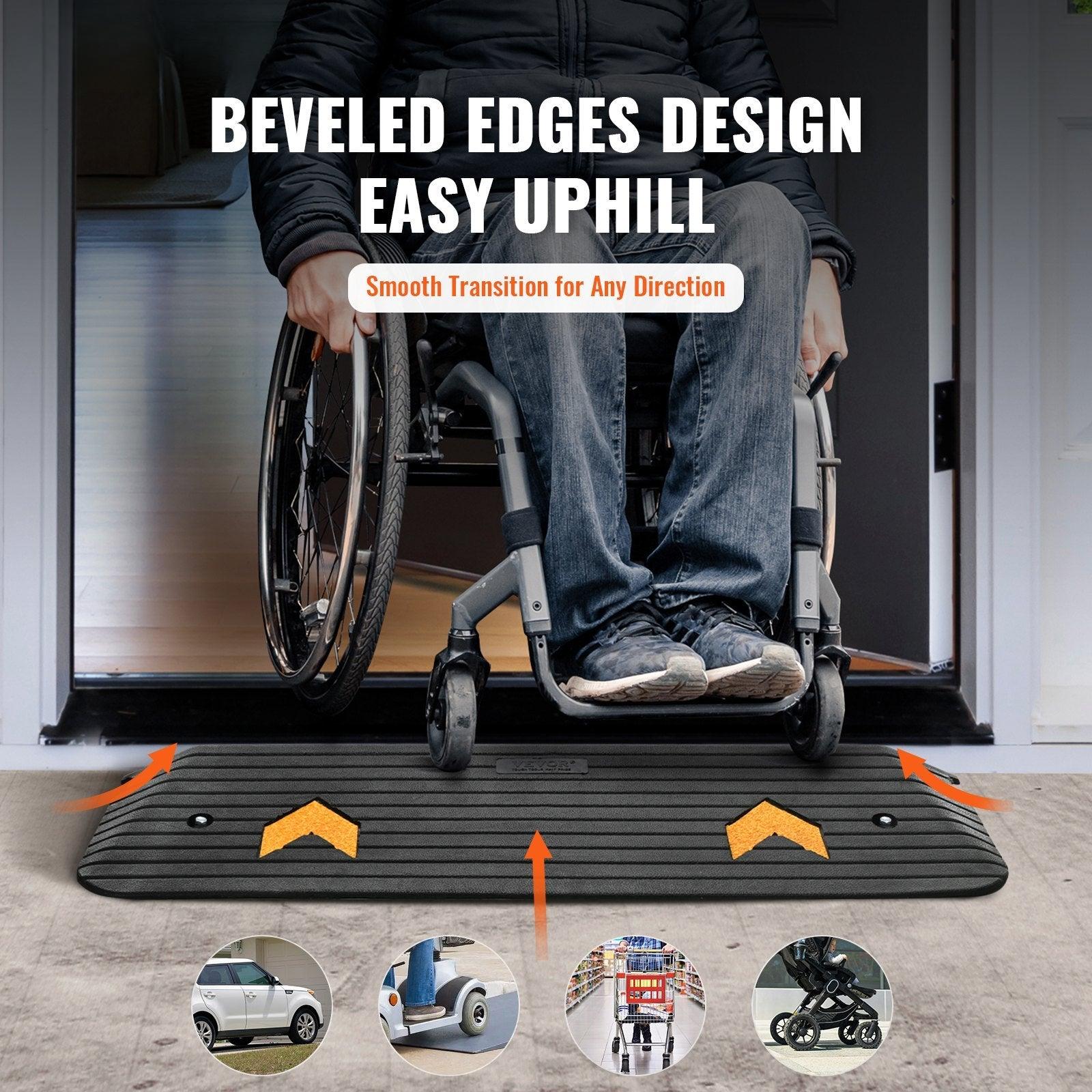 Coocosh Accessibility Ramp with Beveled Edges for Smooth Transition, Black, 36x12 inches, shown in use by a wheelchair user at an entryway.