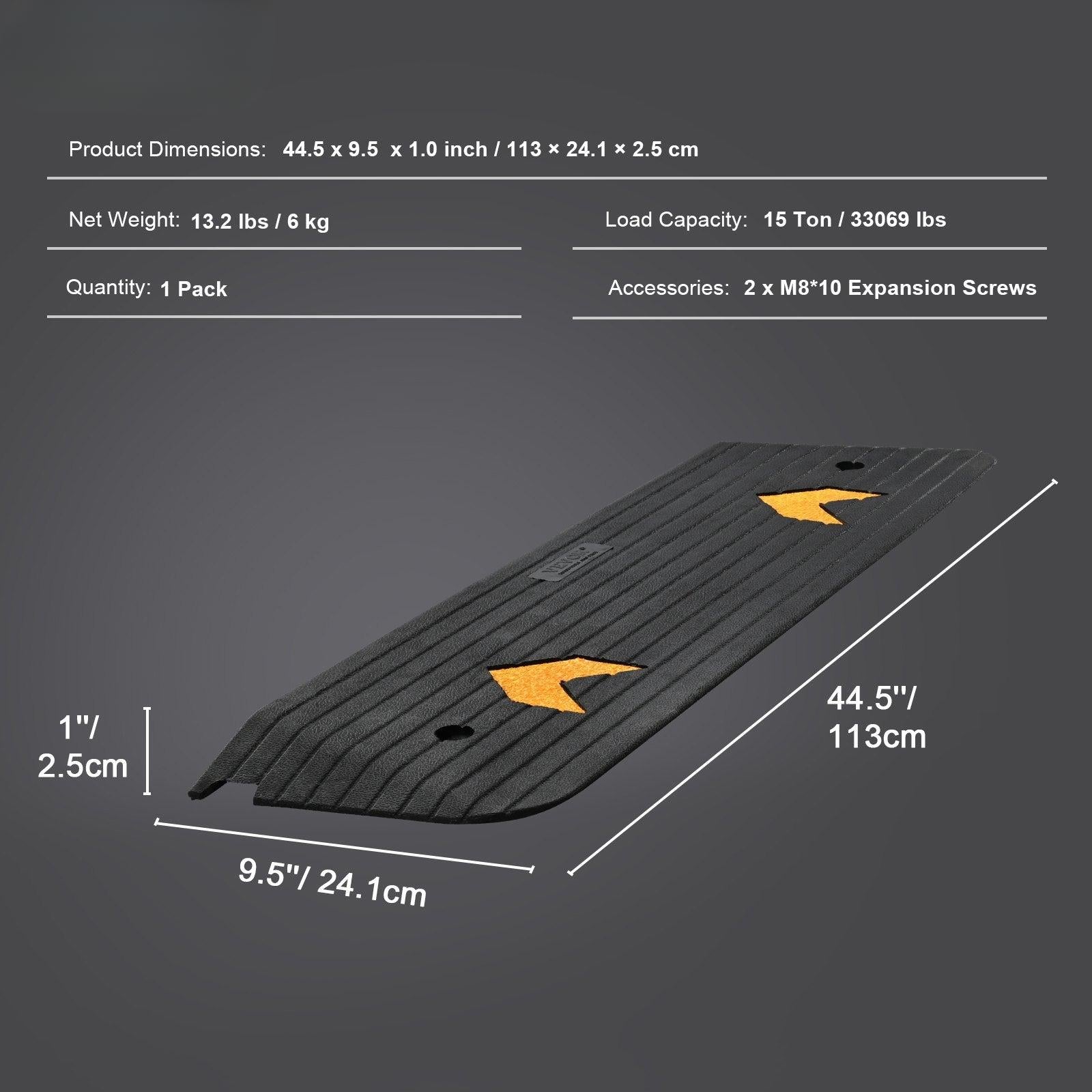 Coocosh Heavy Duty Rubber Speed Bump, 44.5" L x 9.5" W x 1" H, Black, offering a 15-ton load capacity for safe traffic calming. This durable speed hump features reflective yellow accents and includes expansion screws for secure installation.