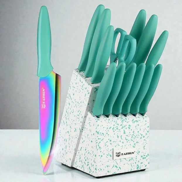 Katisun rainbow chef's knife with a turquoise handle stands next to a speckled white knife block holding several turquoise-handled knives.