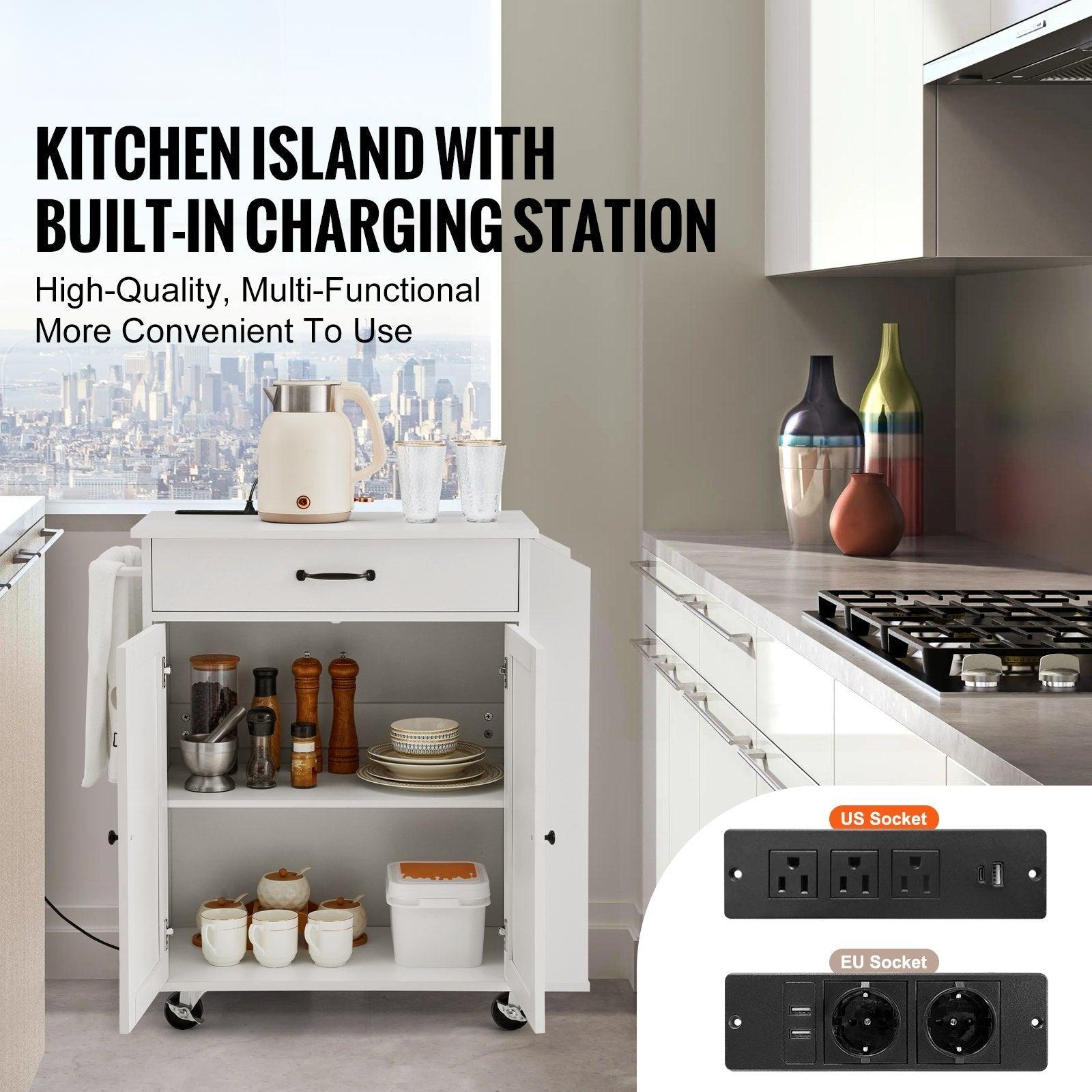Coocosh rolling storage cabinet designed with a practical charging station and lockable casters, elegantly made in white, perfect for a busy kitchen environment.
