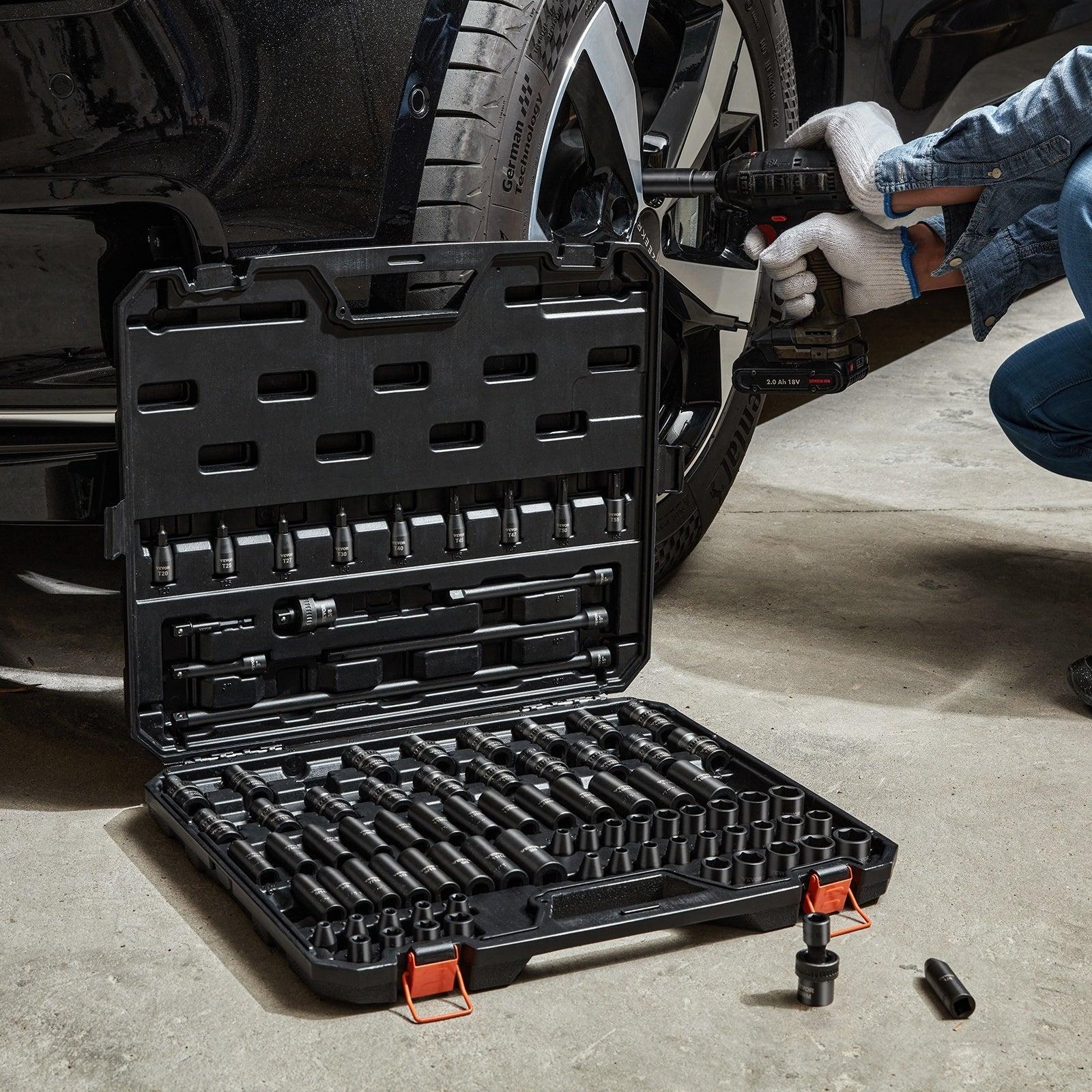 Professional tool kit by Coocosh, featuring durable black sockets and ratchets, organized in a sturdy case, perfect for automotive repairs, showcased in a garage setting during tire installation.