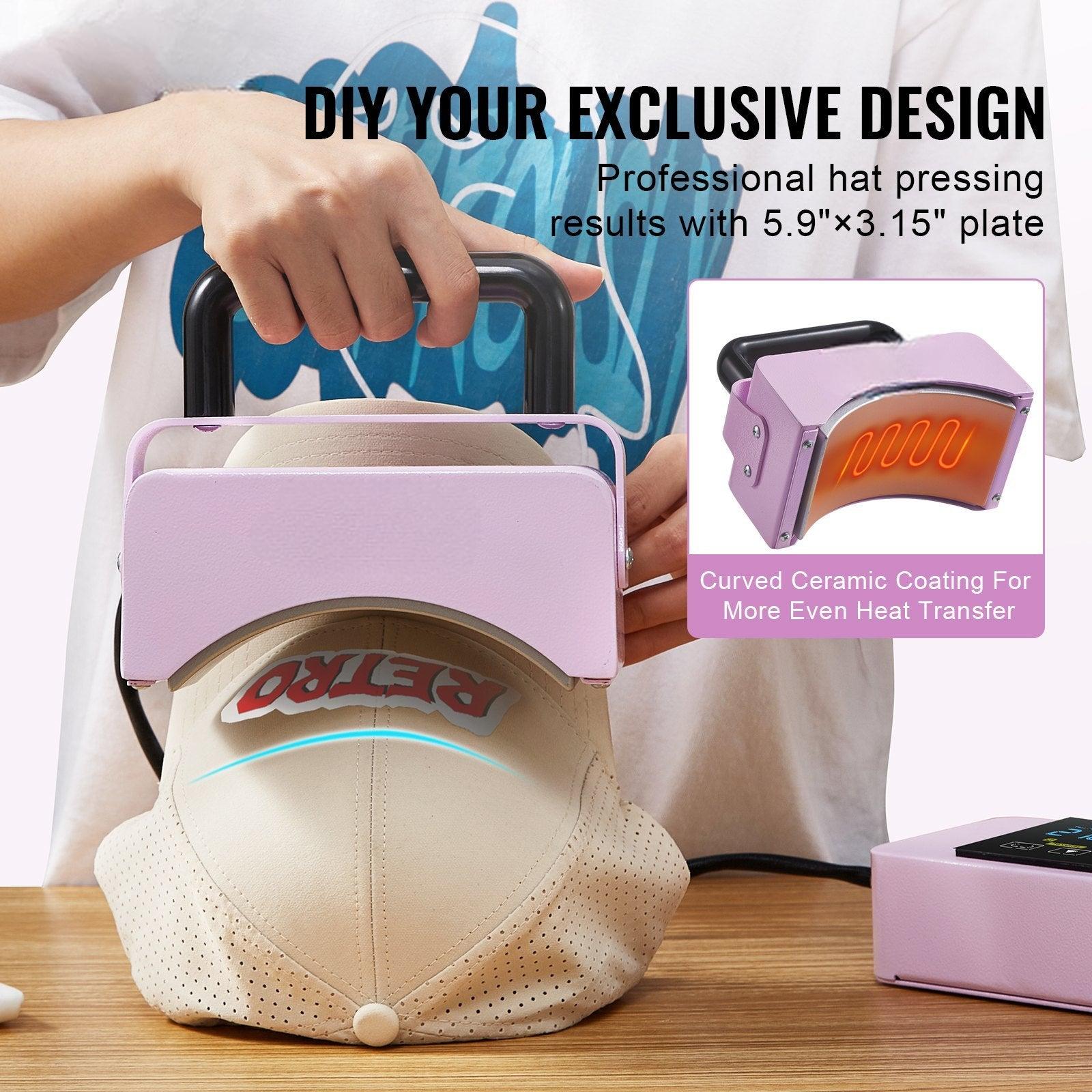Coocosh hat heat press featuring a curved ceramic plate for professional, even heat transfer on a beige cap with 'Retro' design, showcasing DIY customization results.