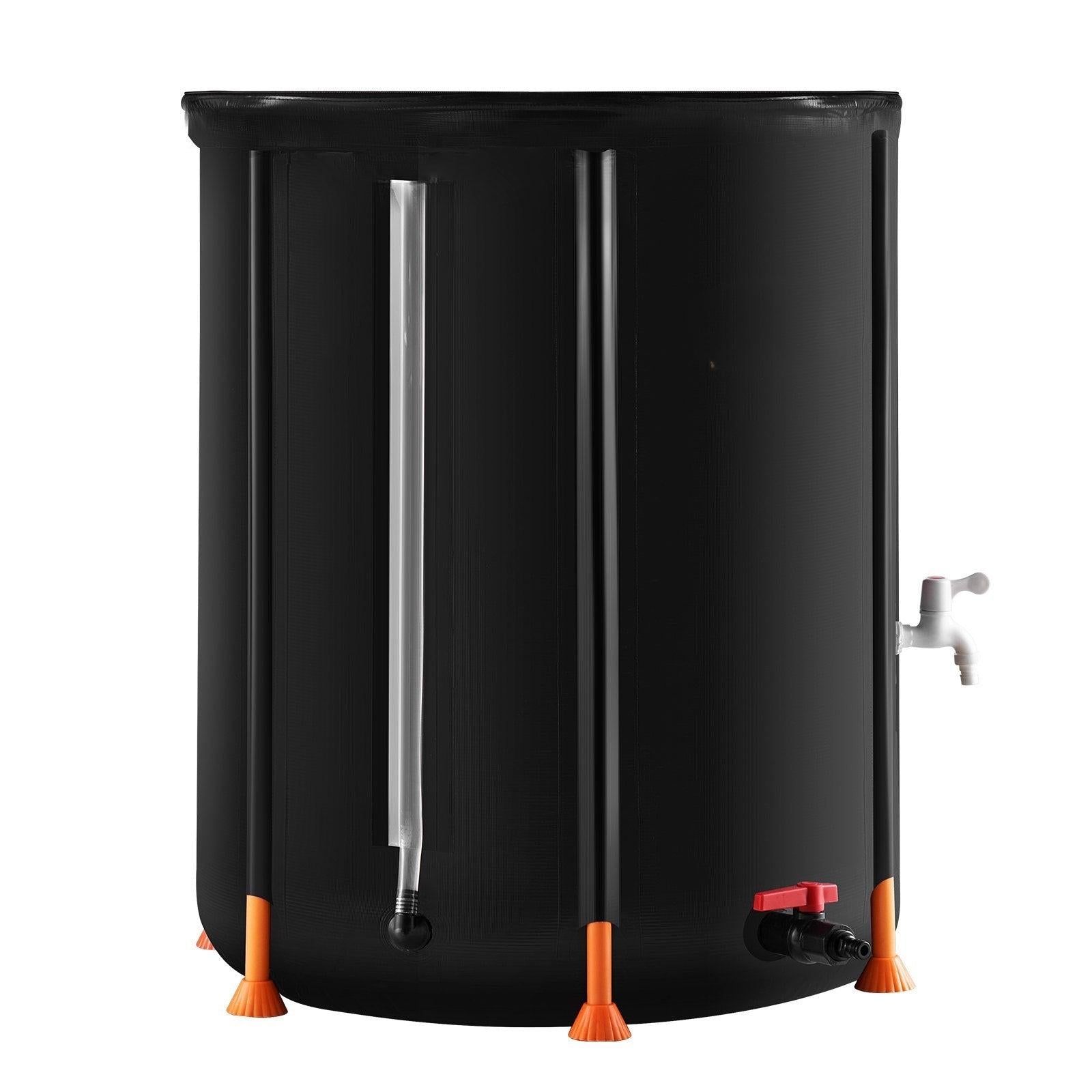 Coocosh 53-gallon rain barrel with integrated spigots, crafted from high-quality materials, offering a stylish black appearance and practical use for home irrigation.