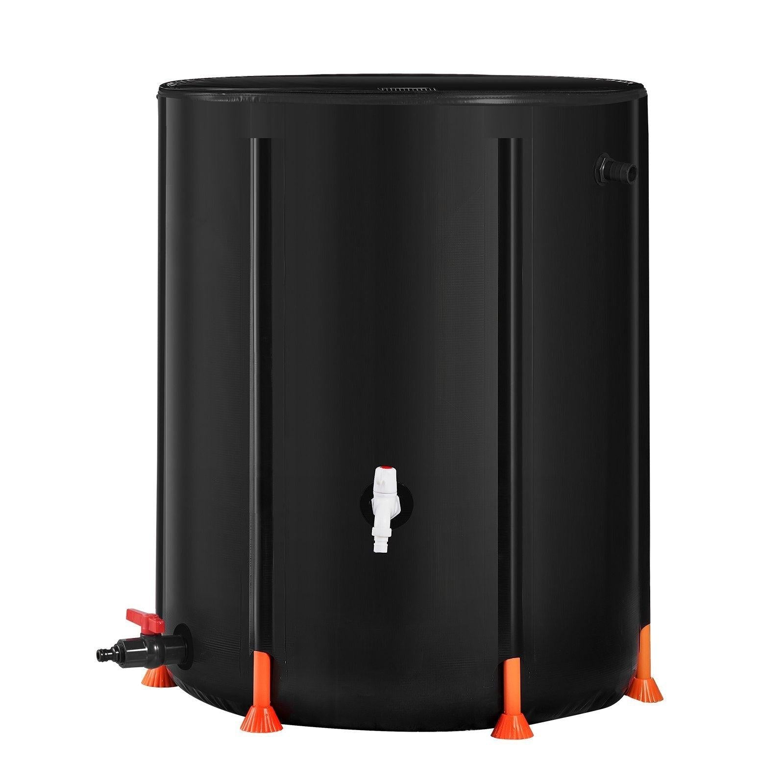 Coocosh Water Storage Tank, 100 Gallon Capacity, Durable PE Netting, Sleek Black with Bright Orange Base Supports, Vertical Orientation for Easy Access, Ideal for Outdoor Use.