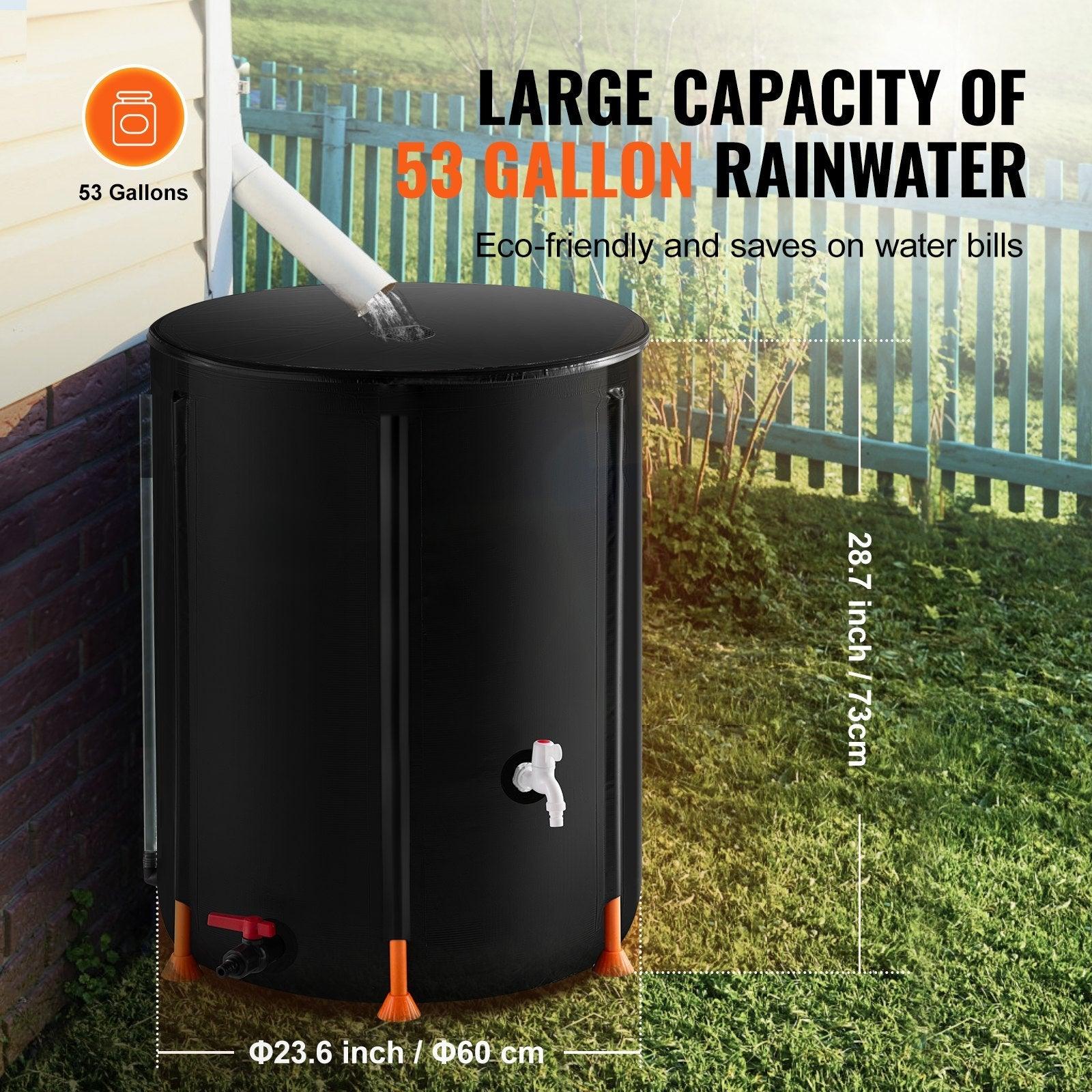 Coocosh rain barrel designed for garden enthusiasts, featuring a spacious 53-gallon capacity in elegant black, ideal for efficient water collection during storms.