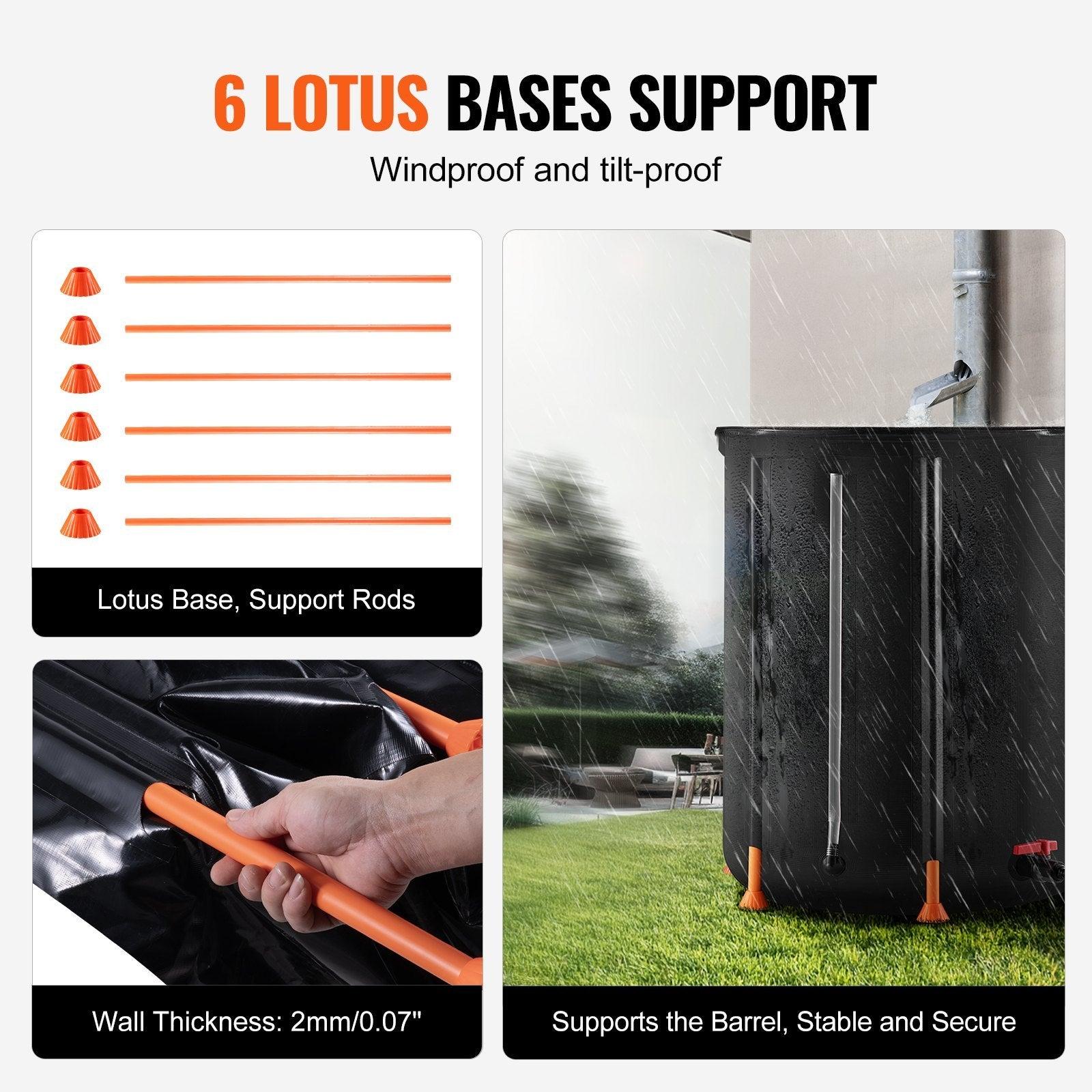 Coocosh Lotus Base Support Set with 6 orange bases and support rods, durable PE netting, designed for stability in wind and rain, featuring 2mm wall thickness, in a lifestyle setting with rain falling.