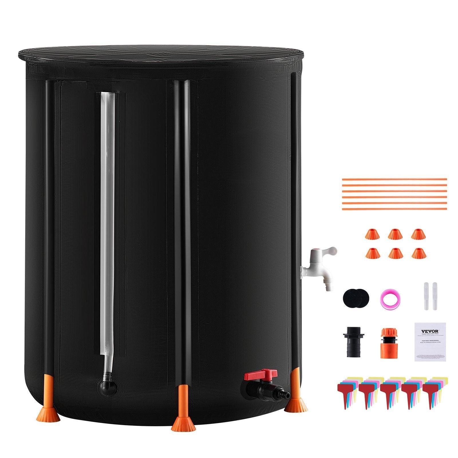 Coocosh PE Netting Water Tank with Double-spiked Base, 100 liters, in sleek black finish, featuring transparent discharge tube and varied accessories, showcasing a main view for optimal clarity.