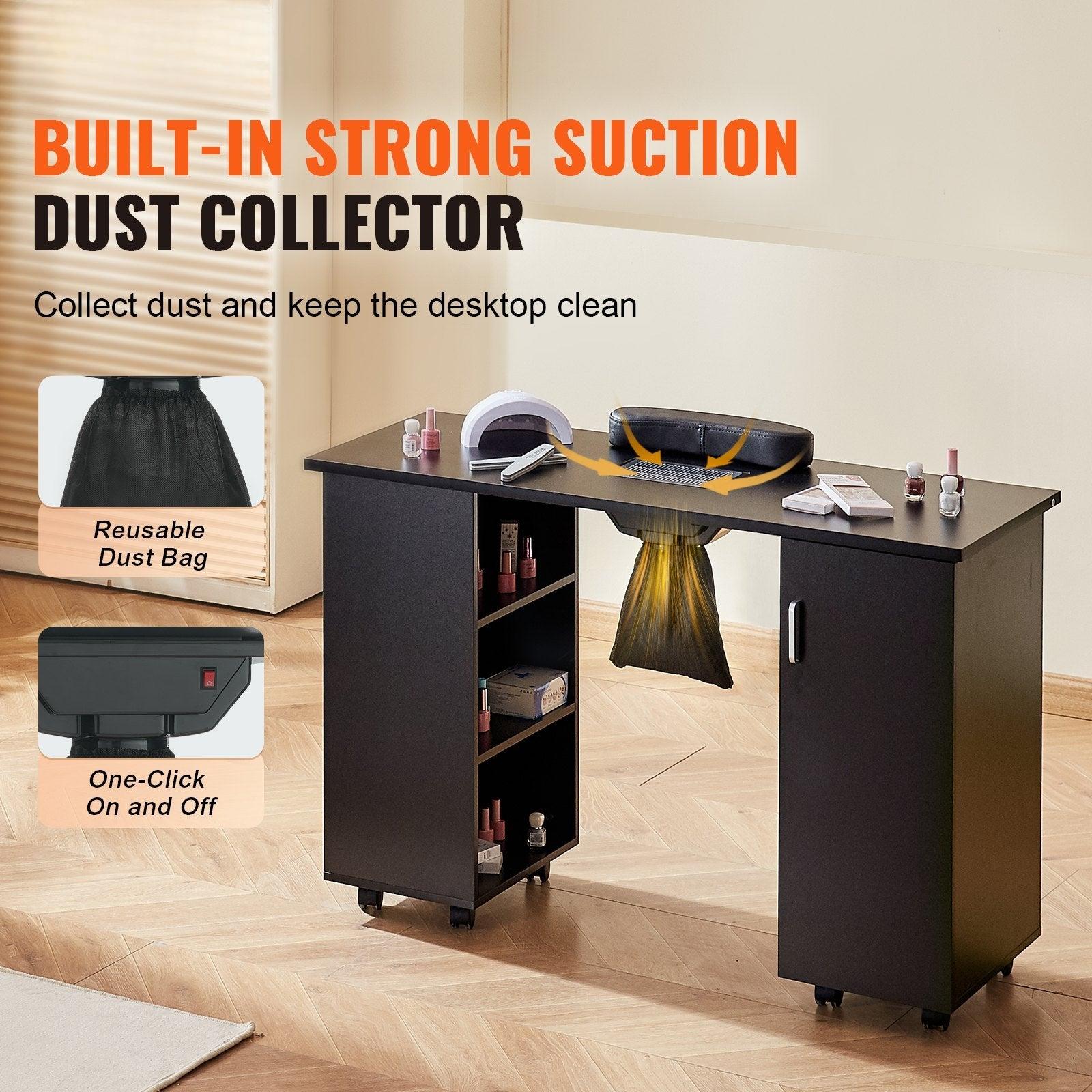 Coocosh professional manicure desk in elegant black, equipped with wheels for convenience and an electric dust collection system for a tidy workspace.