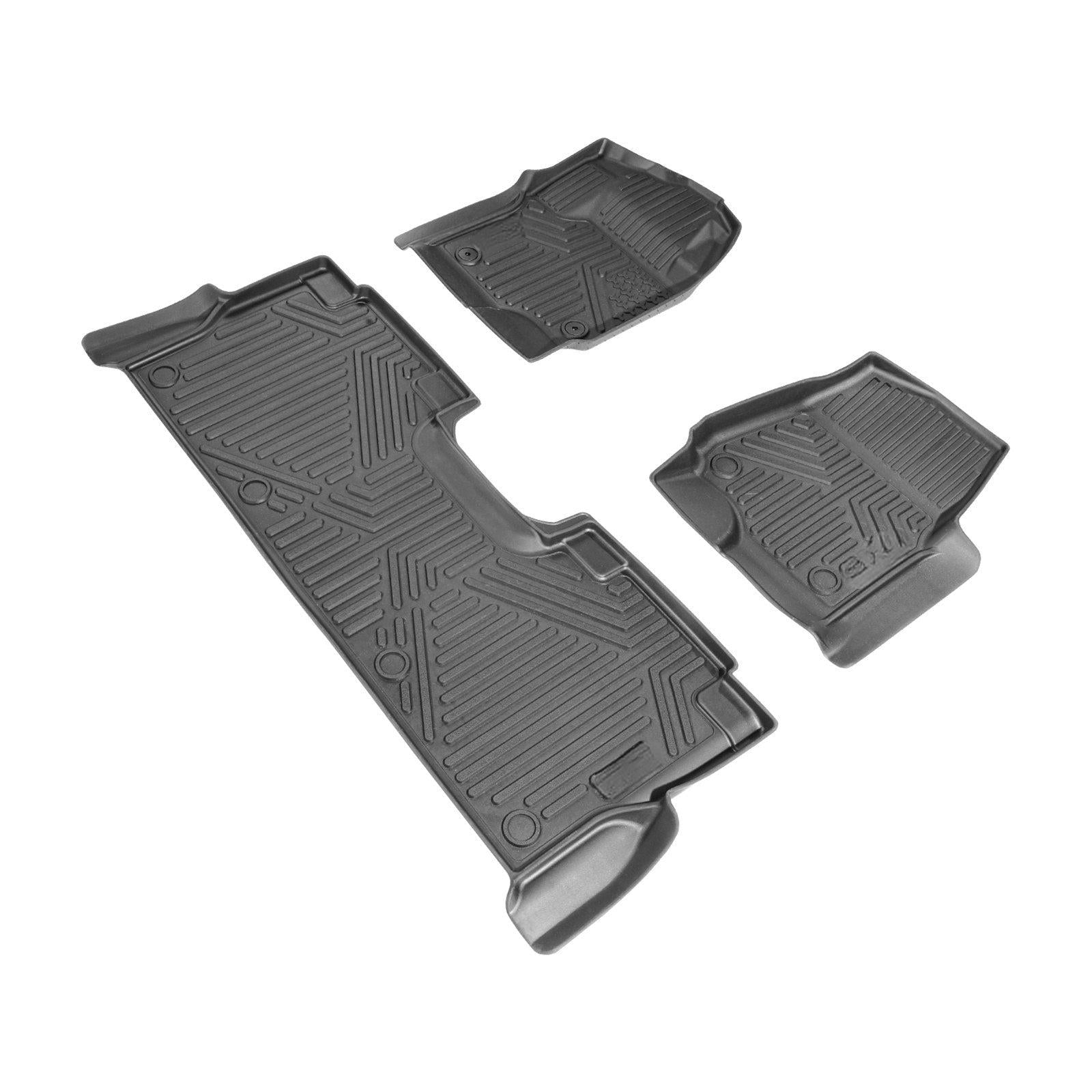 Coocosh All-Weather Floor Mats Set, durable PE Netting material, sleek black color, designed for maximum coverage and protection, fits standard vehicle dimensions, shown from an overhead perspective.
