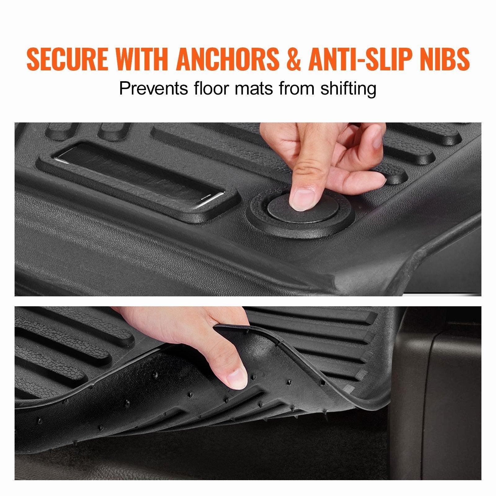Coocosh Floor Mat with Anti-Slip Nibs and Anchors, Black color, featuring textured surface for stability, shown in close-up with a hand securing it into place.