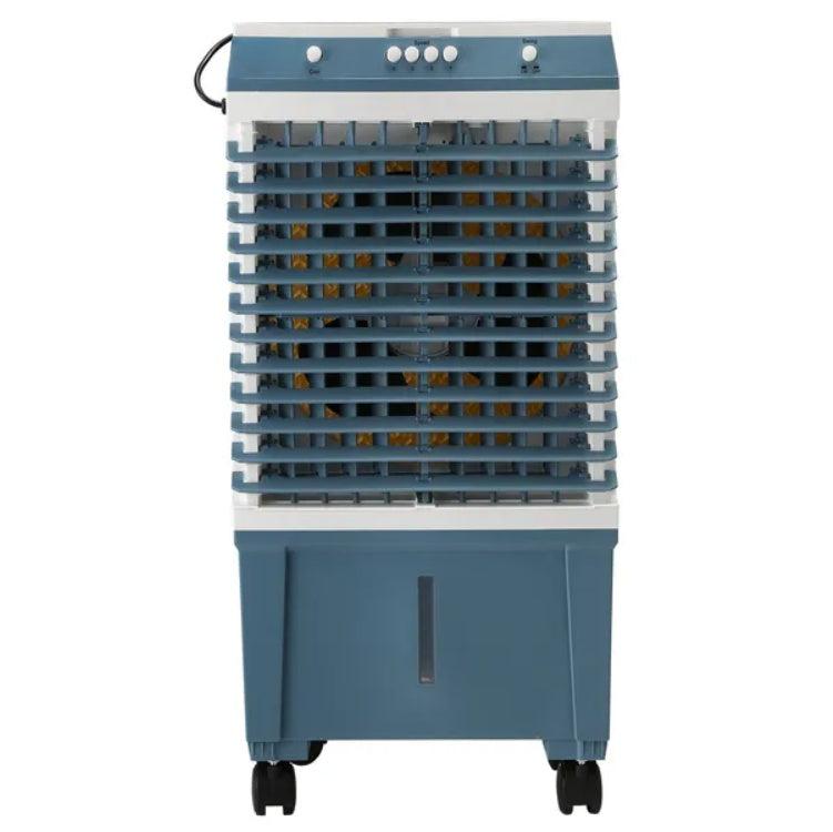 Coocosh Air Cooler with PE Netting and Fiberglass construction, sleek blue exterior, compact dimensions for portable cooling. Front view showcasing its efficient airflow design.