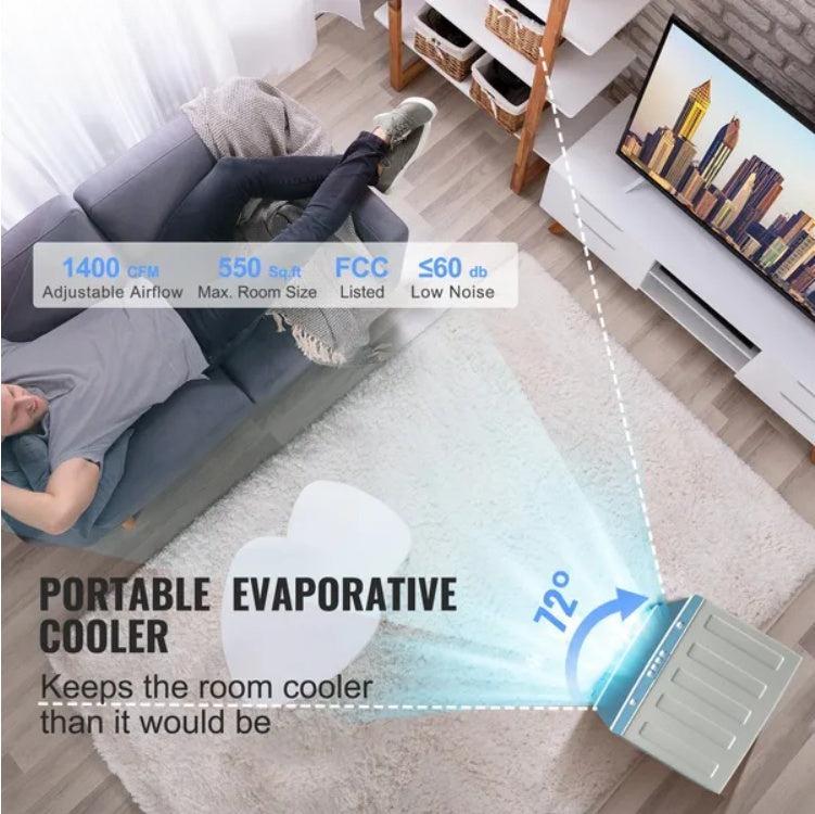 Coocosh evaporative air cooler, made of durable plastic, equipped with three speed settings. This white and gray model is perfect for both indoor and outdoor cooling during the summer.