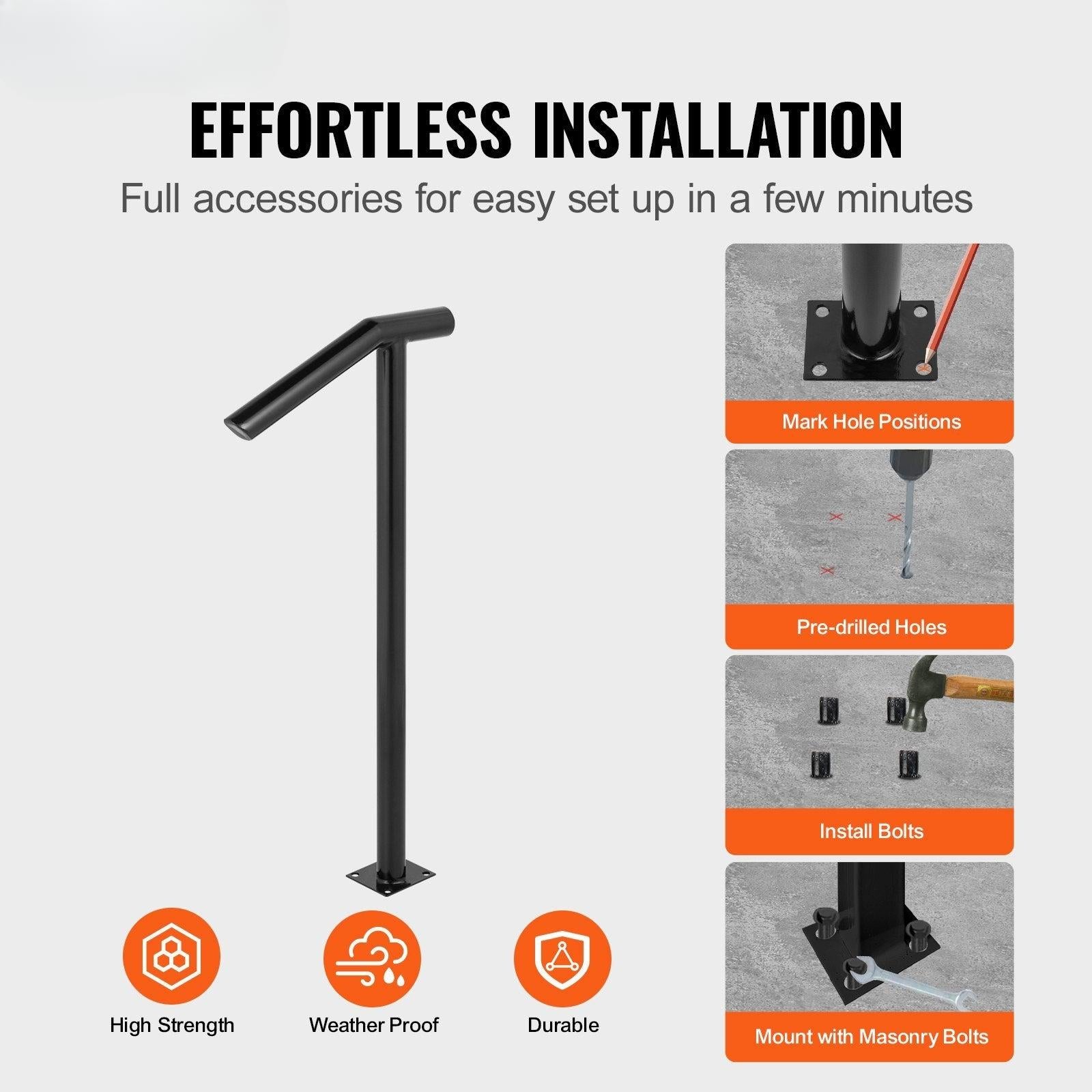 Coocosh versatile black handrail made of durable carbon steel, offering a secure grip and strong support on outdoor steps, enhancing safety for homeowners.