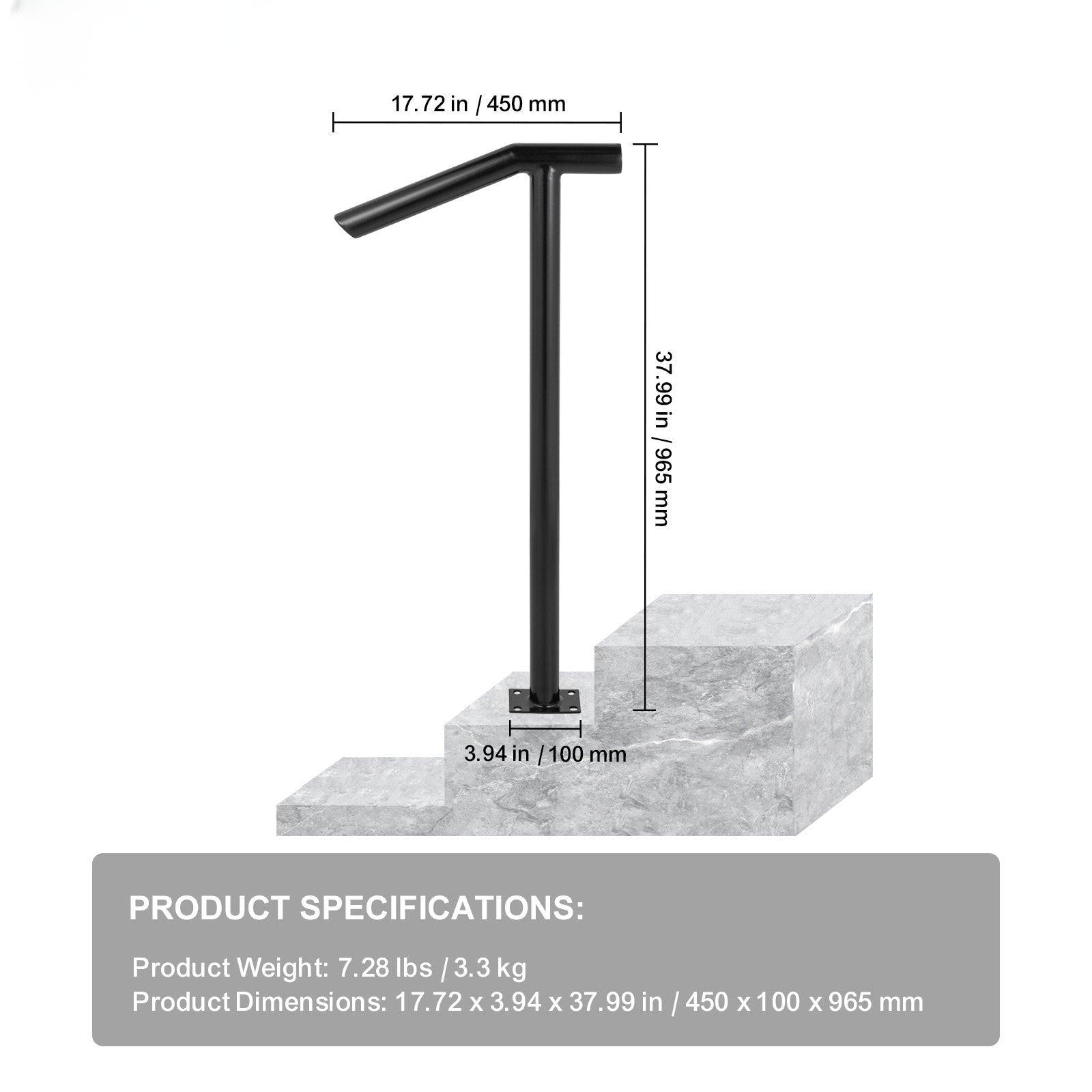 Coocosh single-post steel handrail designed for outdoor use, featuring a solid base plate, black color, and excellent stability for porch and staircase applications.