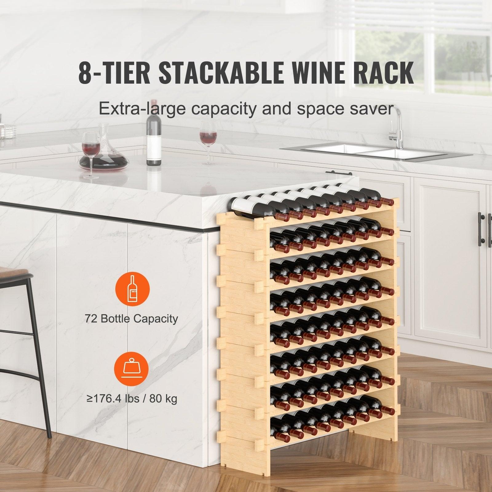 Coocosh 8-tier wine display shelf crafted from sustainable bamboo, showcasing a natural finish, ideal for kitchens and wine cellars.