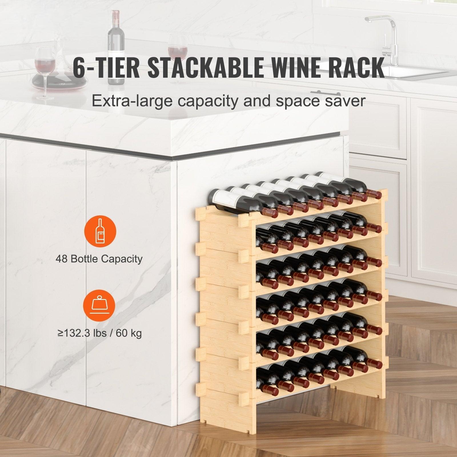 Coocosh 6-Tier Stackable Wine Rack, crafted from durable wood, featuring an extra-large 48 bottle capacity, suitable for greater stability at over 132 lbs, presented in a main view for optimal display.