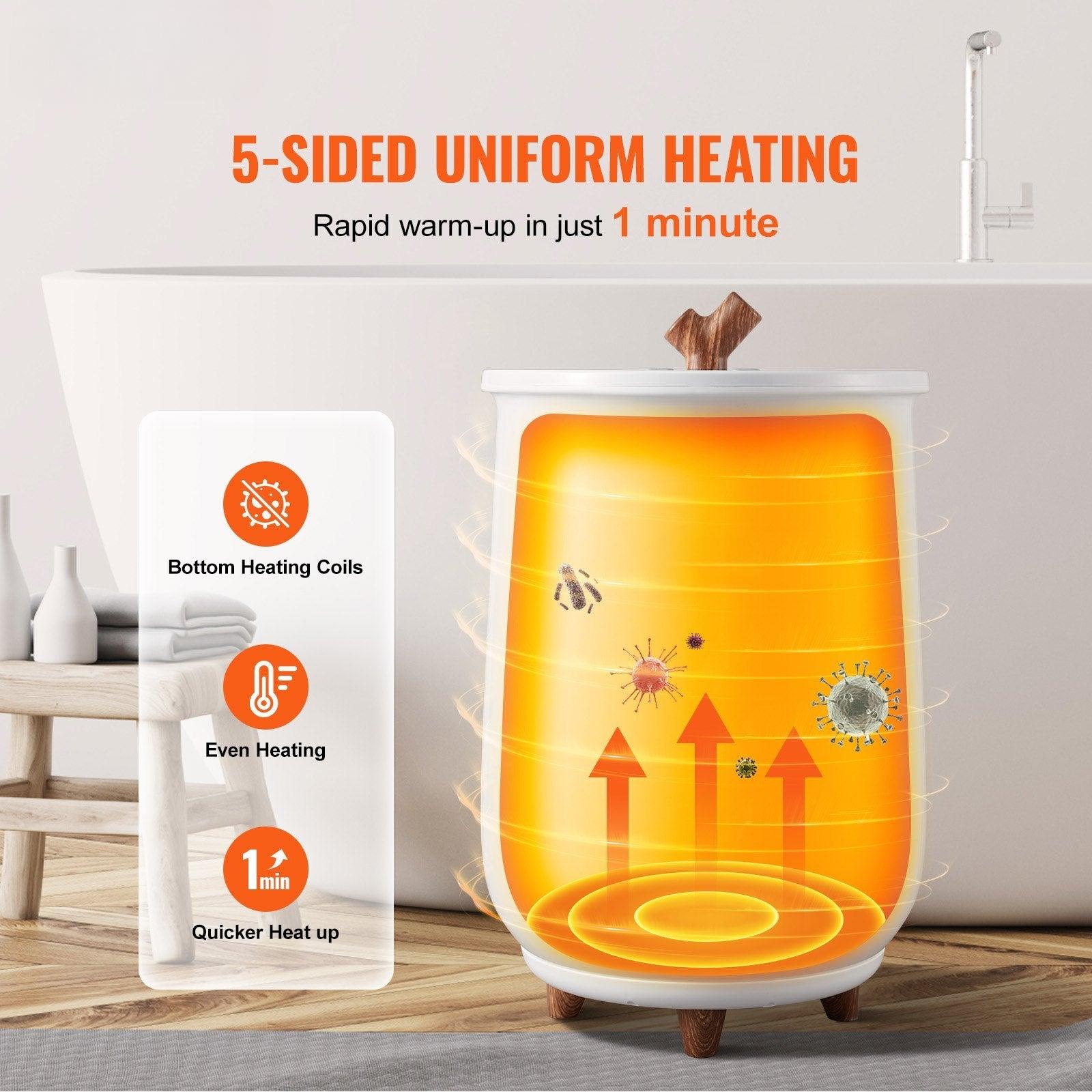 Experience the Coocosh towel warmer bucket, crafted from durable plastic, featuring innovative bottom heating coils. Ideal for relaxing in your bathroom with warm towels.