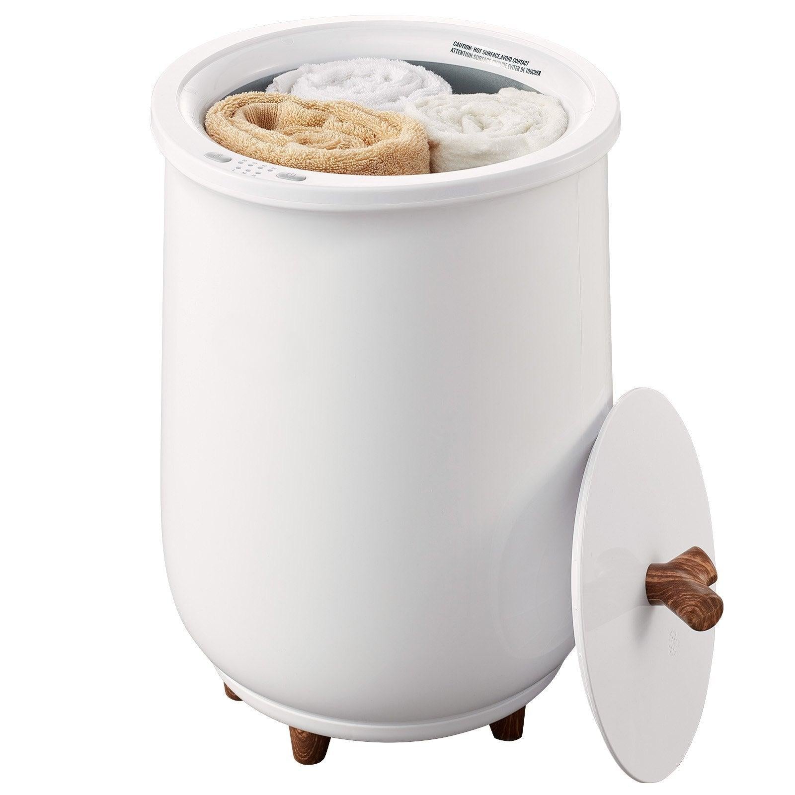 Coocosh Towel Storage Bin with Wooden Lid, modern design in sleek white color, perfect for organizing towels and enhancing décor, compact size ideal for bathrooms, displayed with rolled towels for visual appeal.