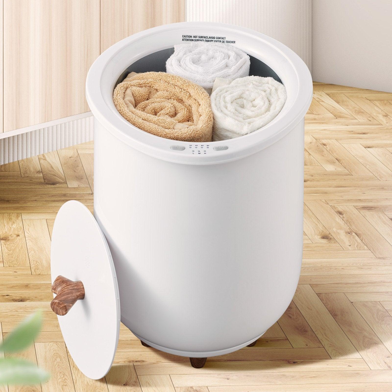 Coocosh Towel Storage Container with Soft Cotton Towels in Neutral Colors, Modern White Design, Round Shape, Ideal for Bathroom Organization, 12-inch Diameter, Lifestyle Shot.