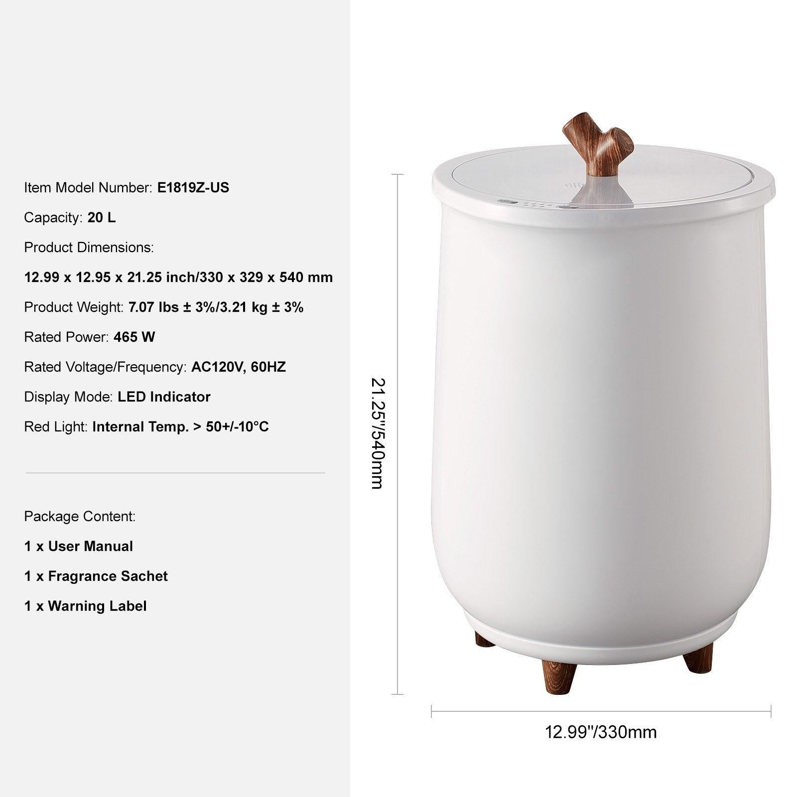 Coocosh Electrical Heater with LED Indicator, 20L Capacity, Elegant White Finish, Compact Dimensions 12.99 x 12.95 x 21.25 inches, showcasing a modern design with wooden accents.