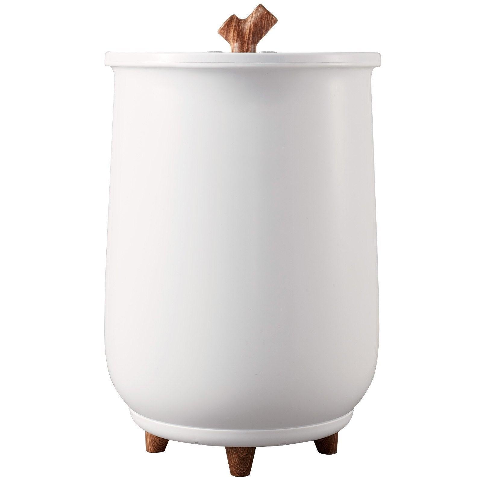 Coocosh Modern Storage Bin with Lid, featuring a sleek white design, unique wooden handle, and sturdy feet, perfect for stylish organization in any space.