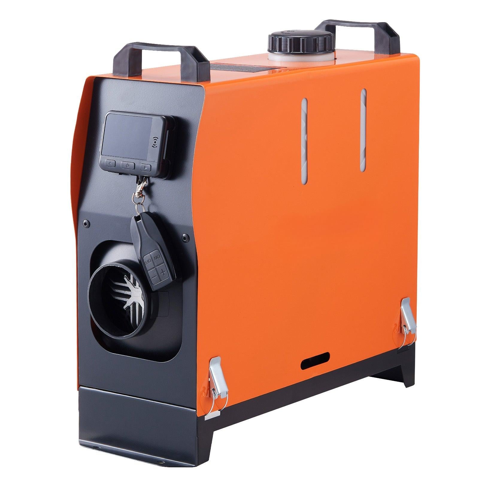 Coocosh Heating Unit with Remote Control, durable fiberglass casing, vibrant orange, compact dimensions for easy portability, viewed from the side to showcase its outlet design and key features.