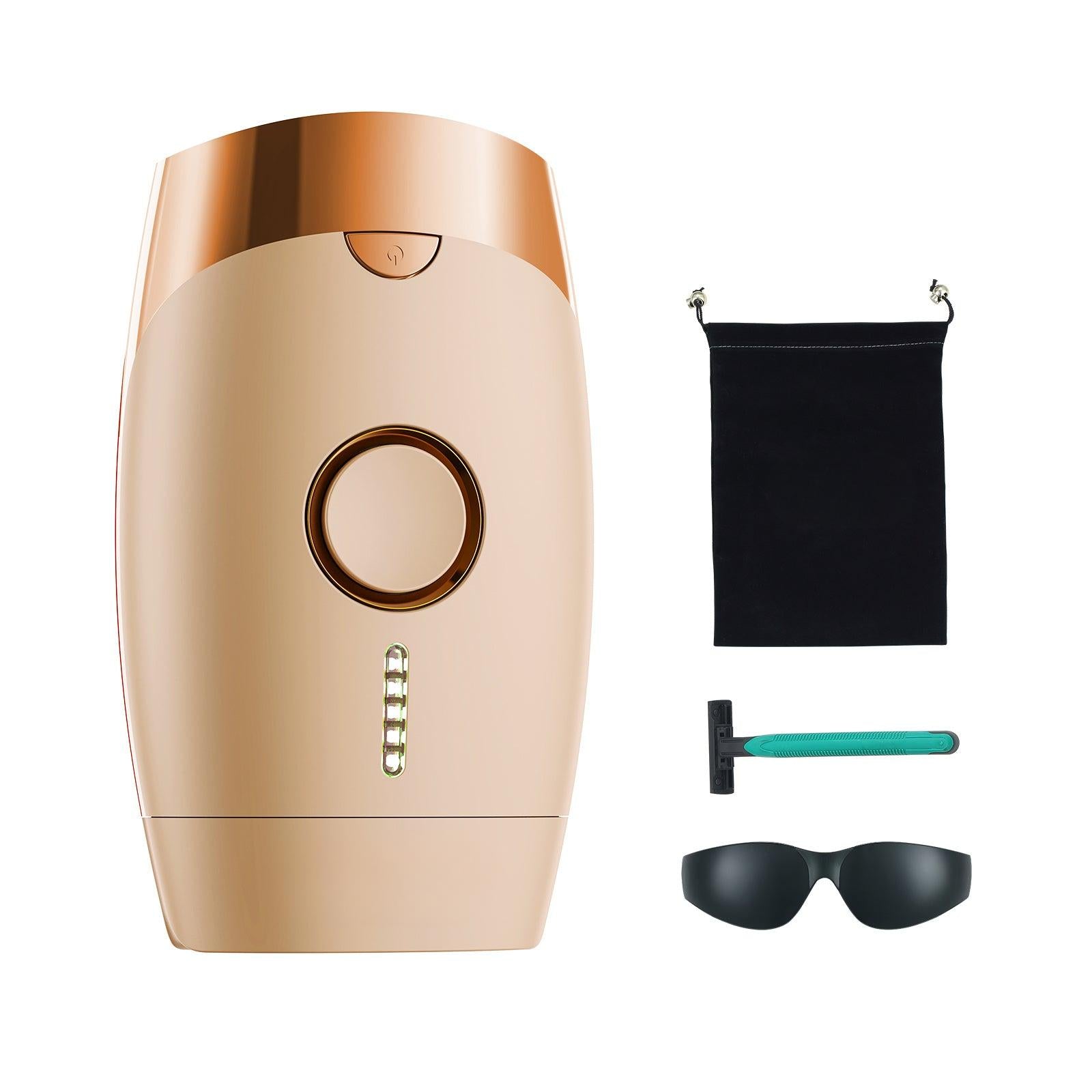 Coocosh's advanced at-home IPL hair removal gadget in elegant rose gold, designed for effortless hair removal across various body areas, complete with protective goggles and a sleek, compact structure.