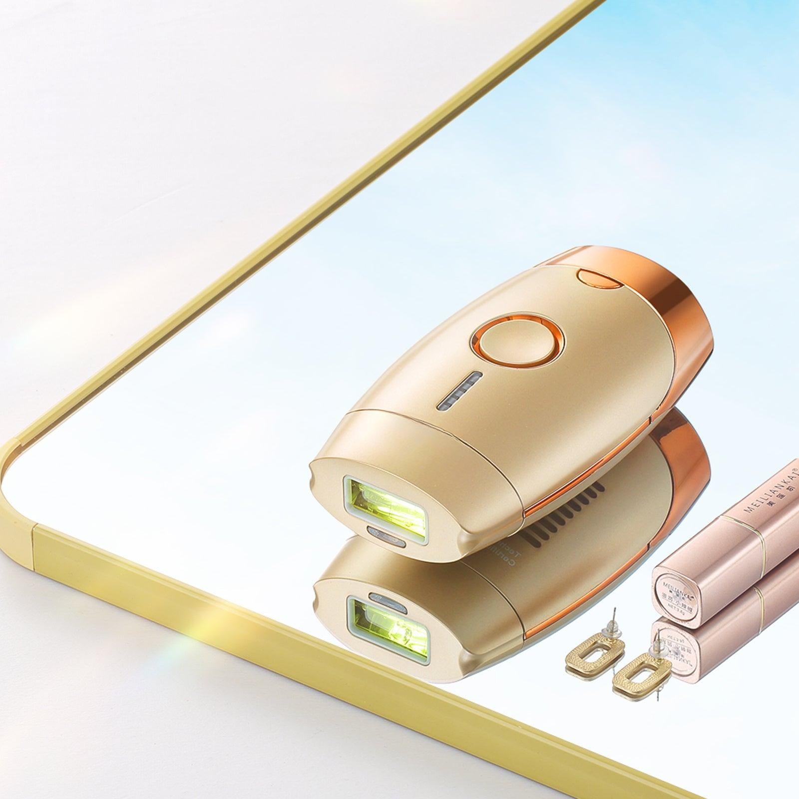 Coocosh Hair Removal Device featuring advanced IPL technology, sleek gold design, mirror reflection view, compact dimensions, and includes attachments for personalized use, enhancing your beauty routine effortlessly.