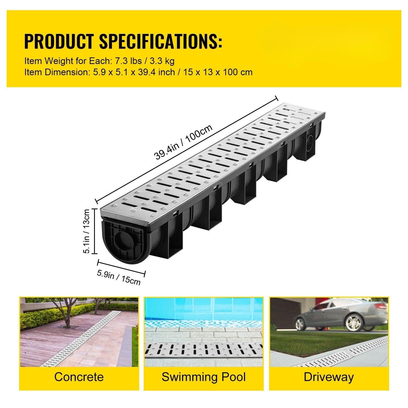 Coocosh Drainage Channel with Stainless Steel Grate, Ideal for Concrete and Swimming Pool Use, 39.4 inches long and 5.1 inches wide, featuring a double-spiked design for improved stability, showcasing a main view perspective.