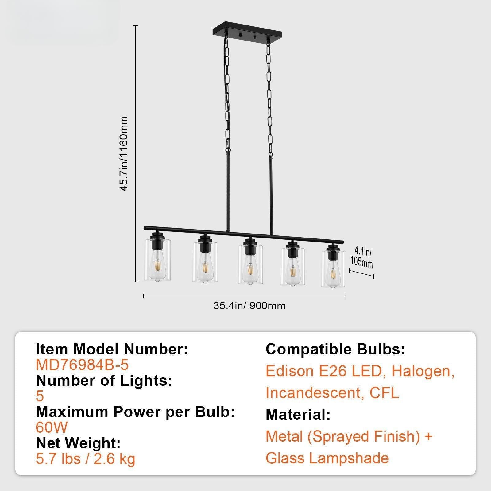 Coocosh Modern Pendant Light Fixture with 5 Glass Lampshades in Black Metal Finish, Dimensions: 35.4 in x 4.1 in x 45.7 in, Ideal for Dining Rooms or Kitchens, Providing Stylish Illumination.