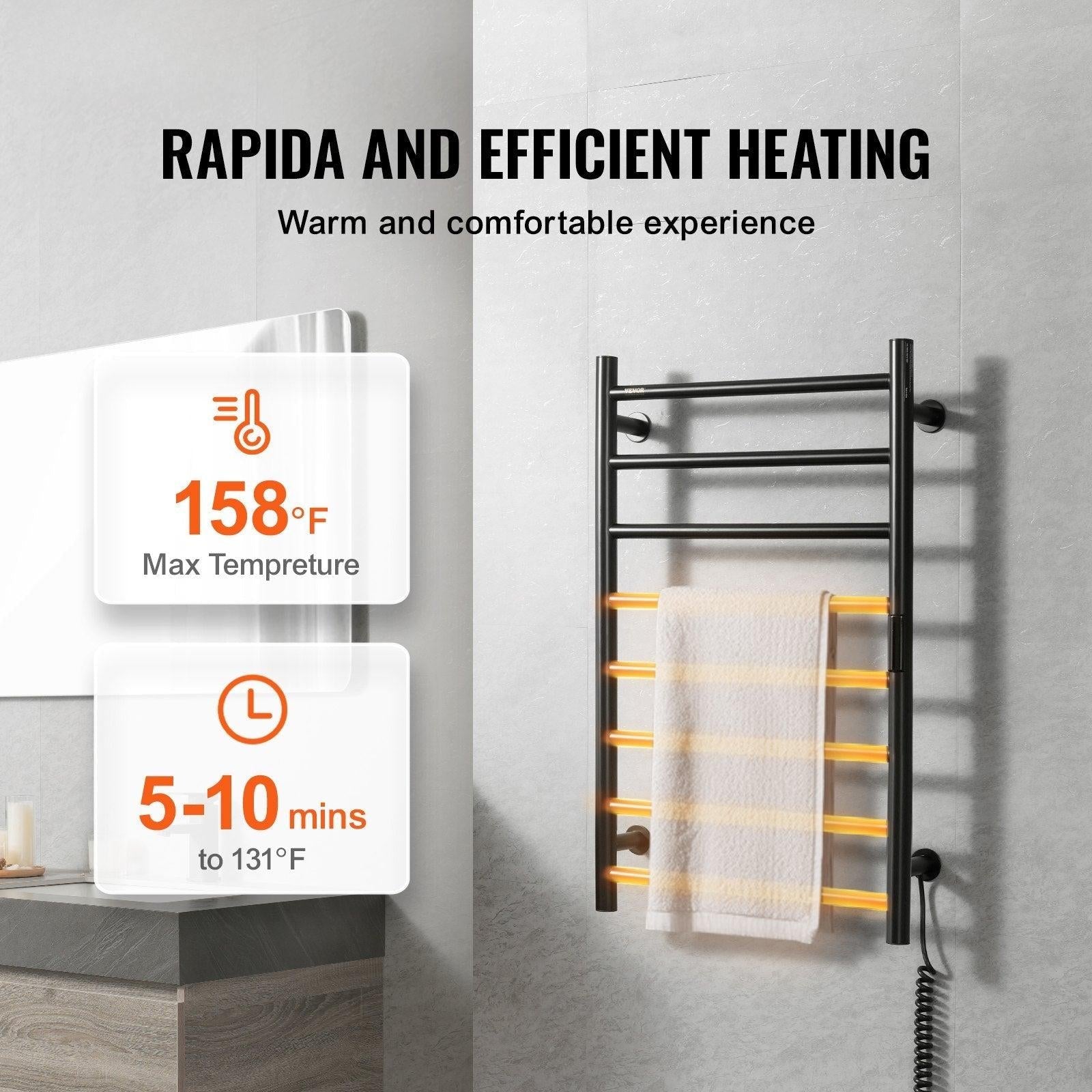 Coocosh heated towel rack in black, showcasing rapid and efficient heating up to 158°F, reaching 131°F in 5-10 minutes for a warm and comfortable experience in a modern bathroom setting.