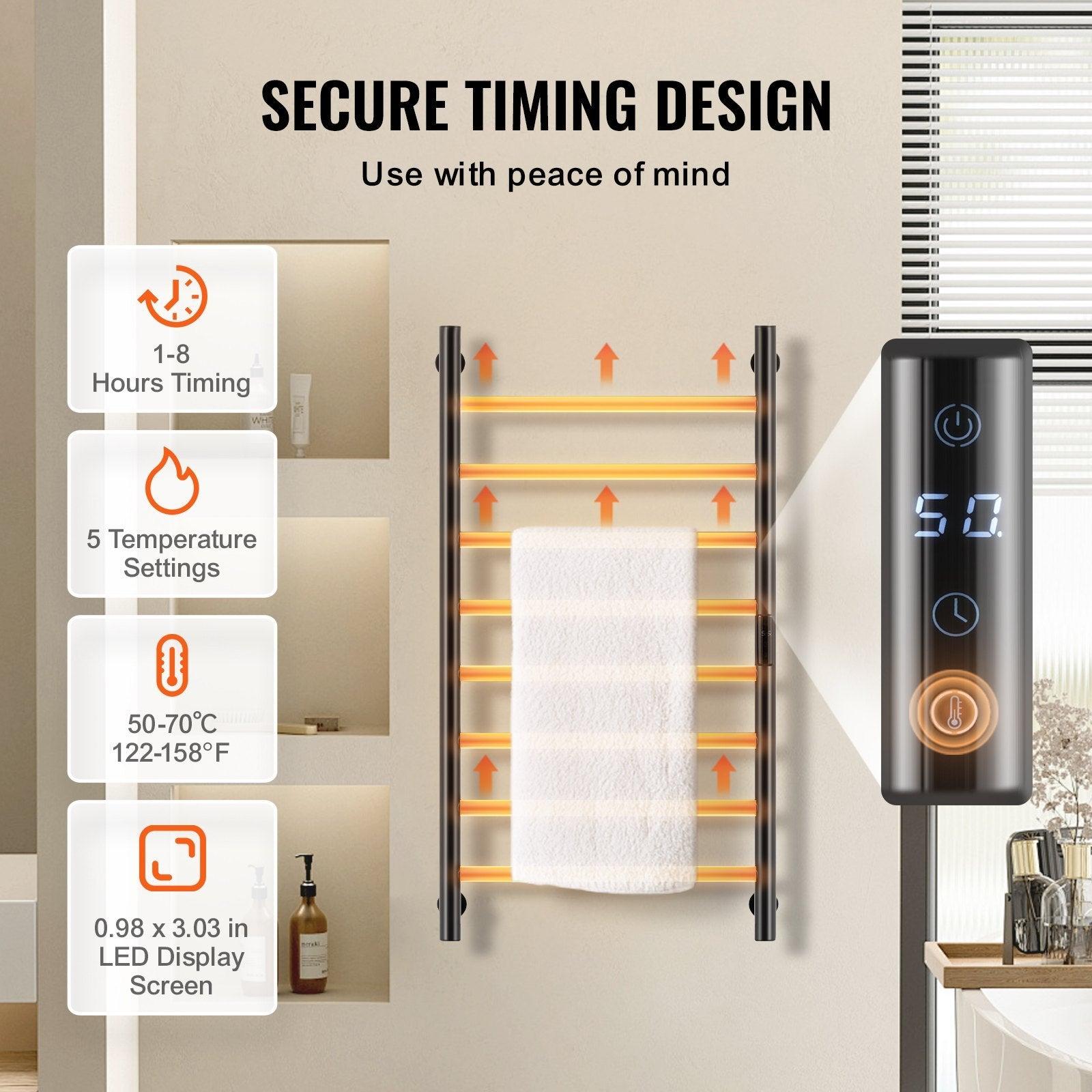 Vevor 8 Bars Heated Towel Rack Black - View 3