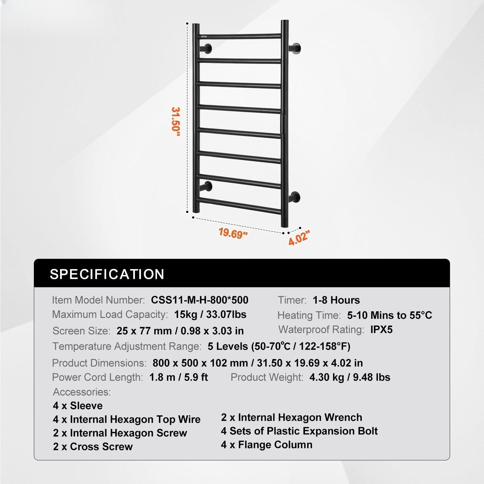 Vevor 8 Bars Heated Towel Rack Black - View 7