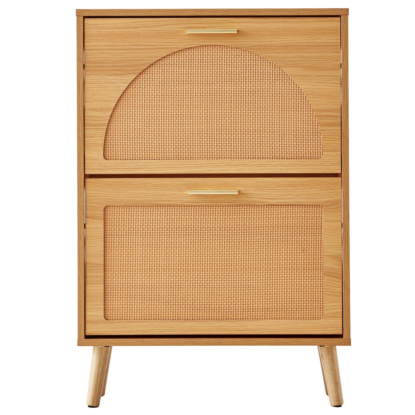 Coocosh's versatile shoe cabinet combines ample storage with elegant rattan flipping doors, ideal for maintaining a tidy entryway in a neutral color.