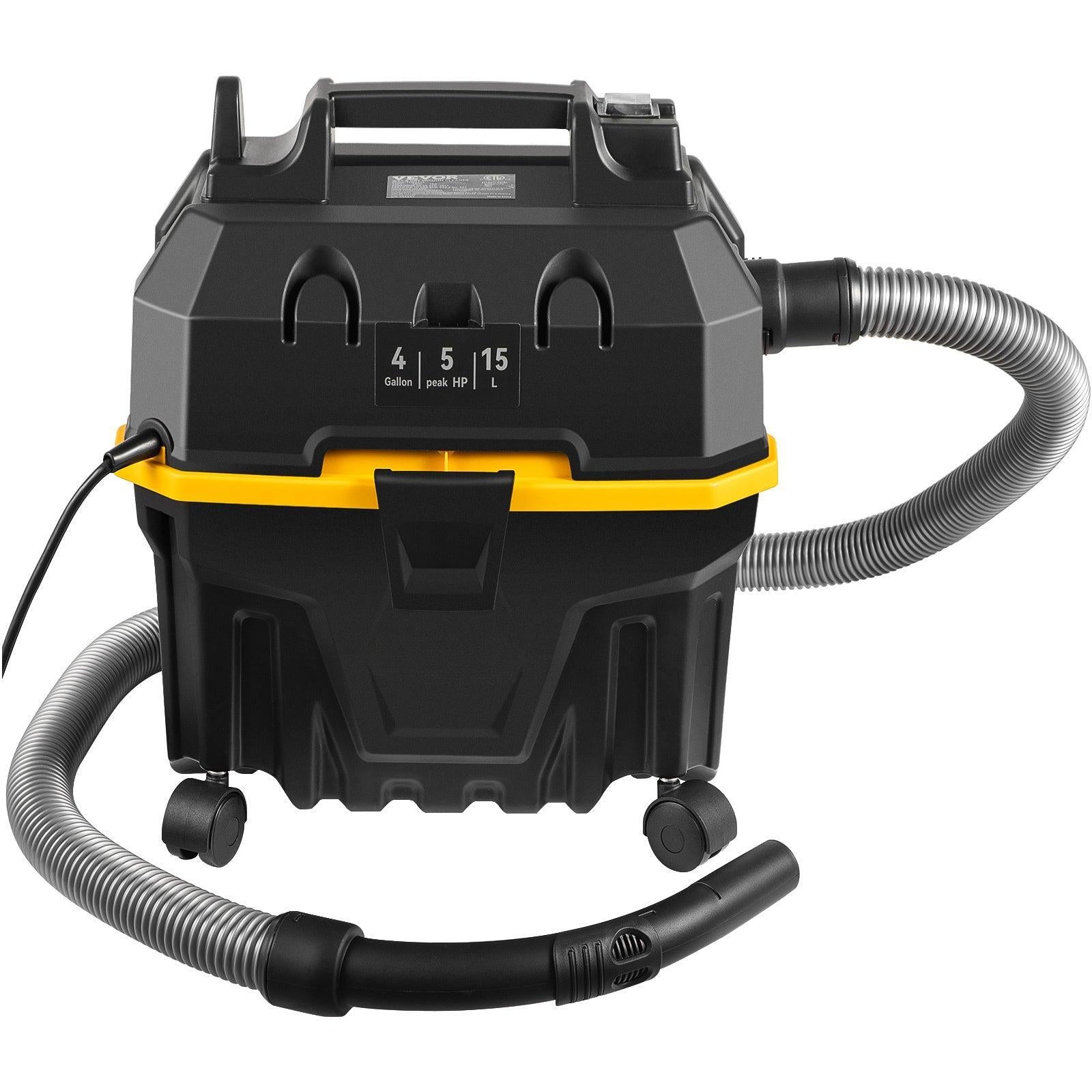 Coocosh Wet/Dry Vacuum Cleaner with 5 peak HP, featuring a durable black body with yellow accents, 4-gallon capacity, and wheeled for easy mobility. Ideal for any cleanup task.