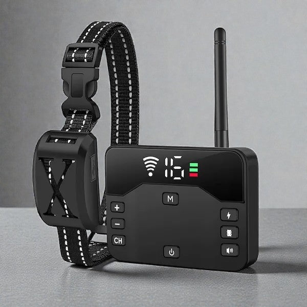 Coocosh black electronic dog training collar with digital display and adjustable strap, viewed from the front for a clear product demonstration.