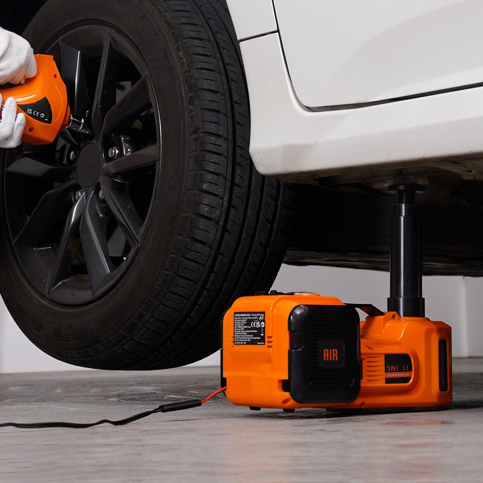 Coocosh 3-in-1 Air Compressor and Jack, featuring durable plastic construction, vivid orange color, and compact design, shown in a close-up view for optimal functionality during vehicle maintenance.