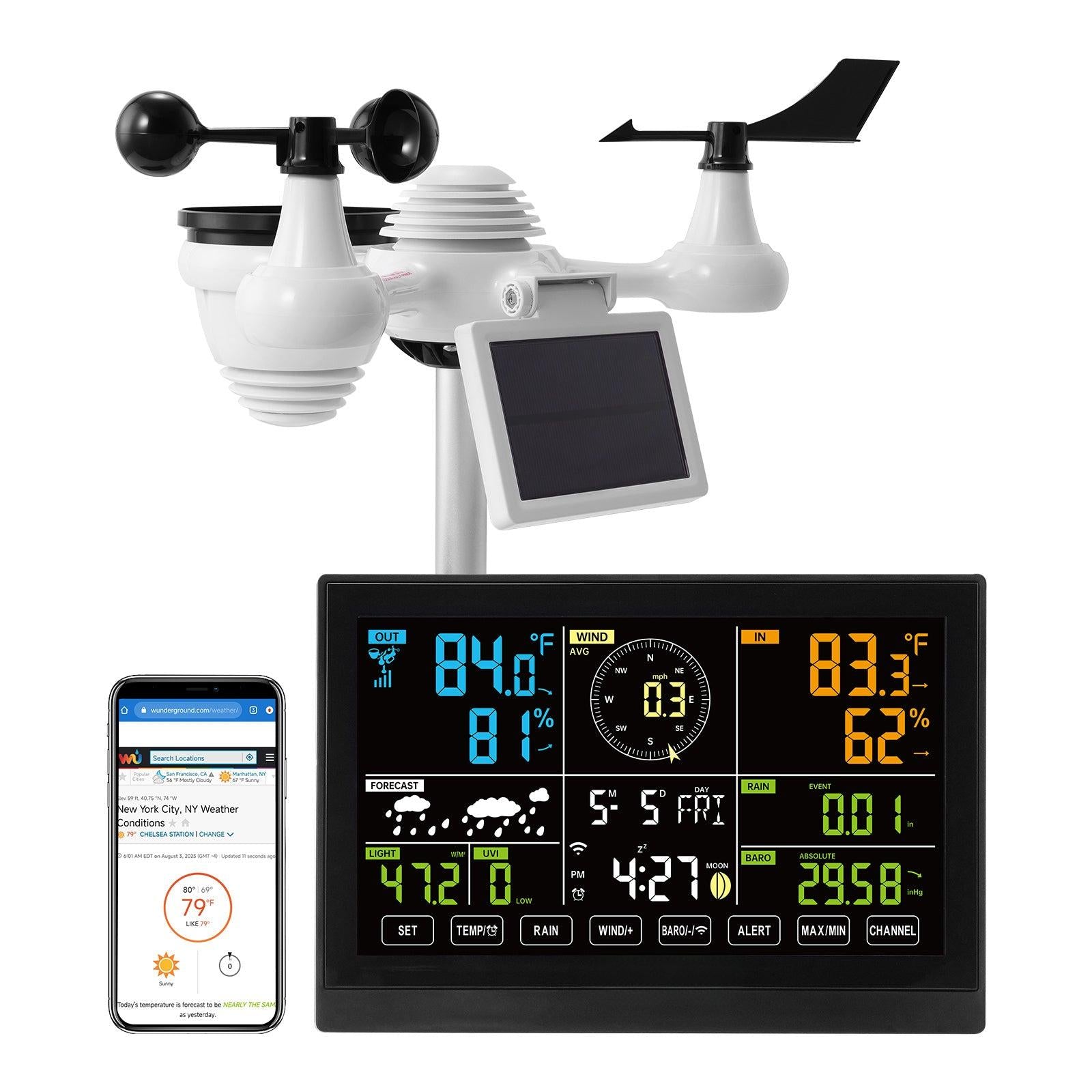 Coocosh Weather Station Kit with Solar-Powered Sensors, White, featuring real-time weather display, measuring temperature, humidity, wind speed, and forecast outcomes, sleek design for indoor and outdoor use.