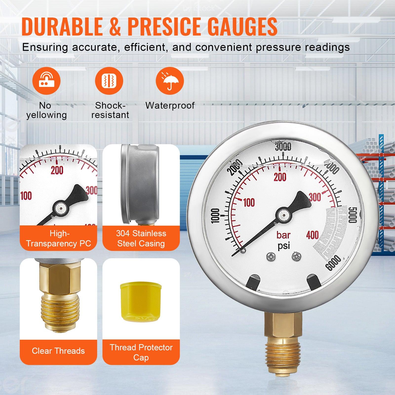 Coocosh Pressure Gauge with High-Transparency PC and 304 Stainless Steel Casing, measuring up to 6000 psi, in a close-up view. Durable, waterproof design ensures accurate and efficient pressure readings.