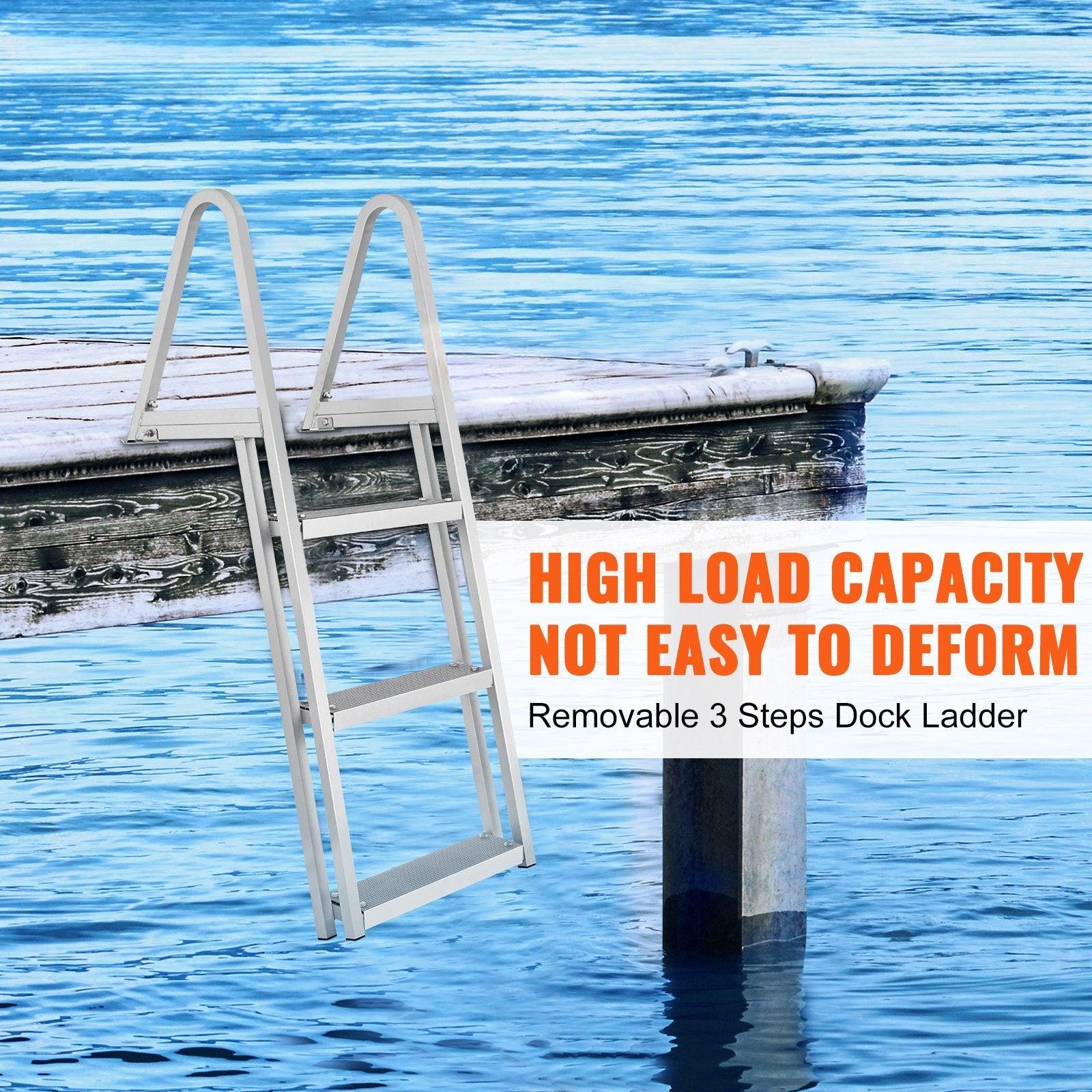 Coocosh Removable 3 Steps Dock Ladder featuring durable aluminum material, designed for high load capacity and stability, displayed against a serene water backdrop, emphasizing functionality and ease of use.