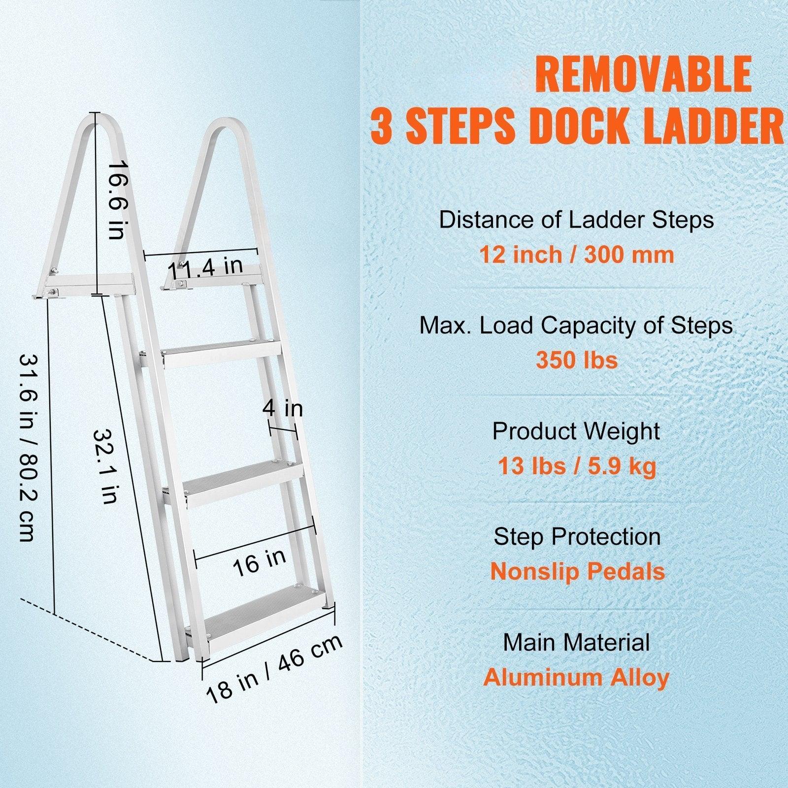 Coocosh Removable 3 Steps Dock Ladder with nonslip pedals, crafted from durable aluminum alloy, featuring a sleek white finish, measuring 32.1 in height, ideal for safe outdoor water access.