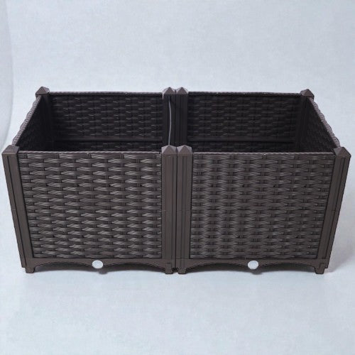 Coocosh modular raised garden bed, featuring a realistic rattan weave texture, in rich brown. This two-section planter provides ample space for your plants with durable, weather-resistant construction, shown from a front-facing perspective.