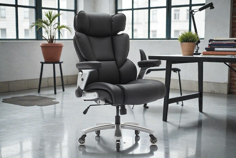 Coocosh big and tall office chair in stylish black, featuring essential ergonomic attributes including adjustable lumbar support and sturdy armrests, perfect for home or professional environments.