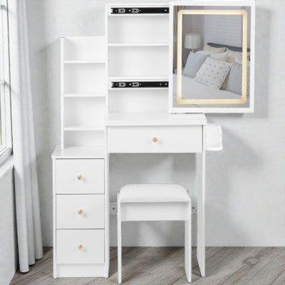 Coocosh white makeup vanity with lighted mirror and storage drawers for elegant beauty routines.