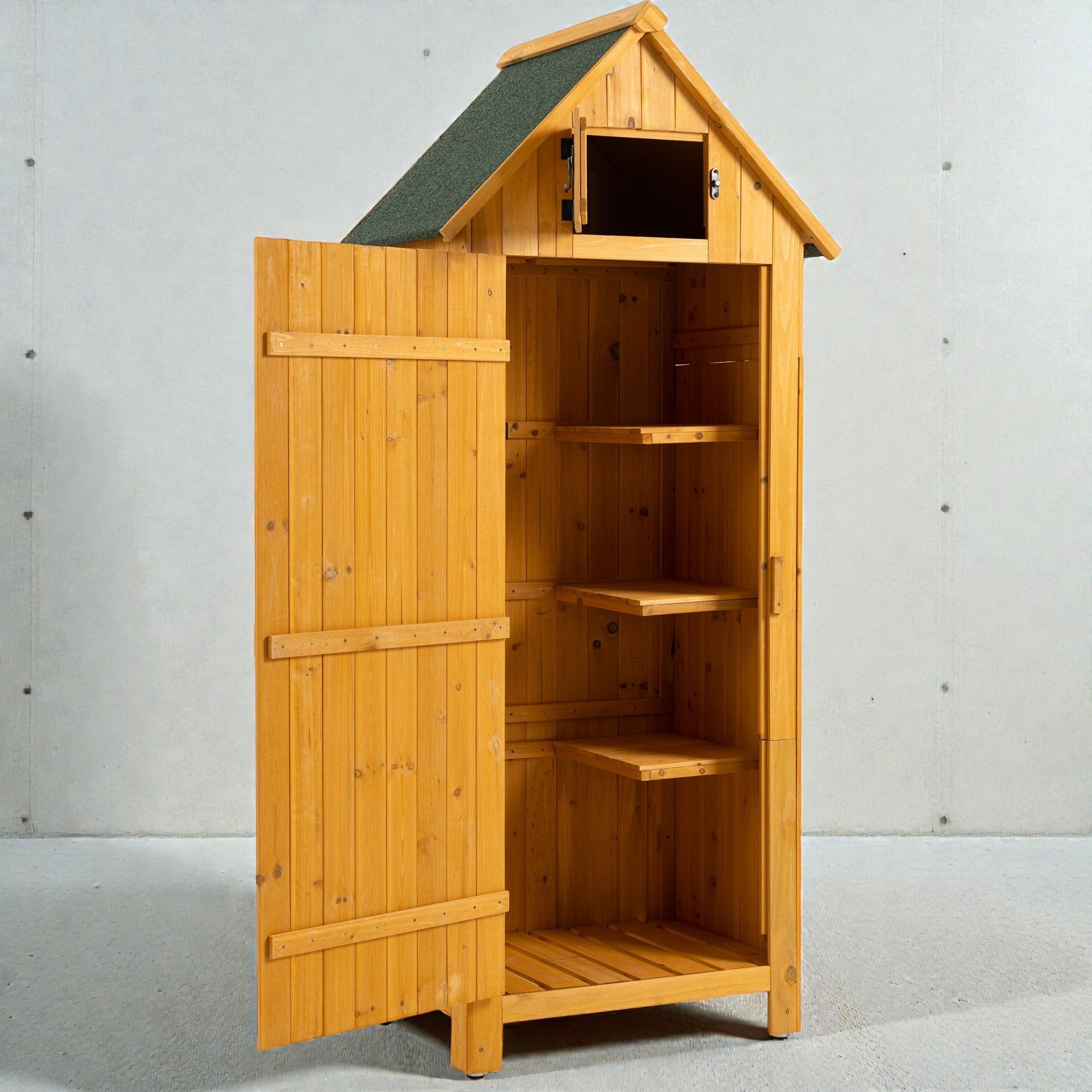 Coocosh tall wooden garden storage shed with green roof, open door, and shelves inside, natural wood finish, front view, perfect for outdoor organization.